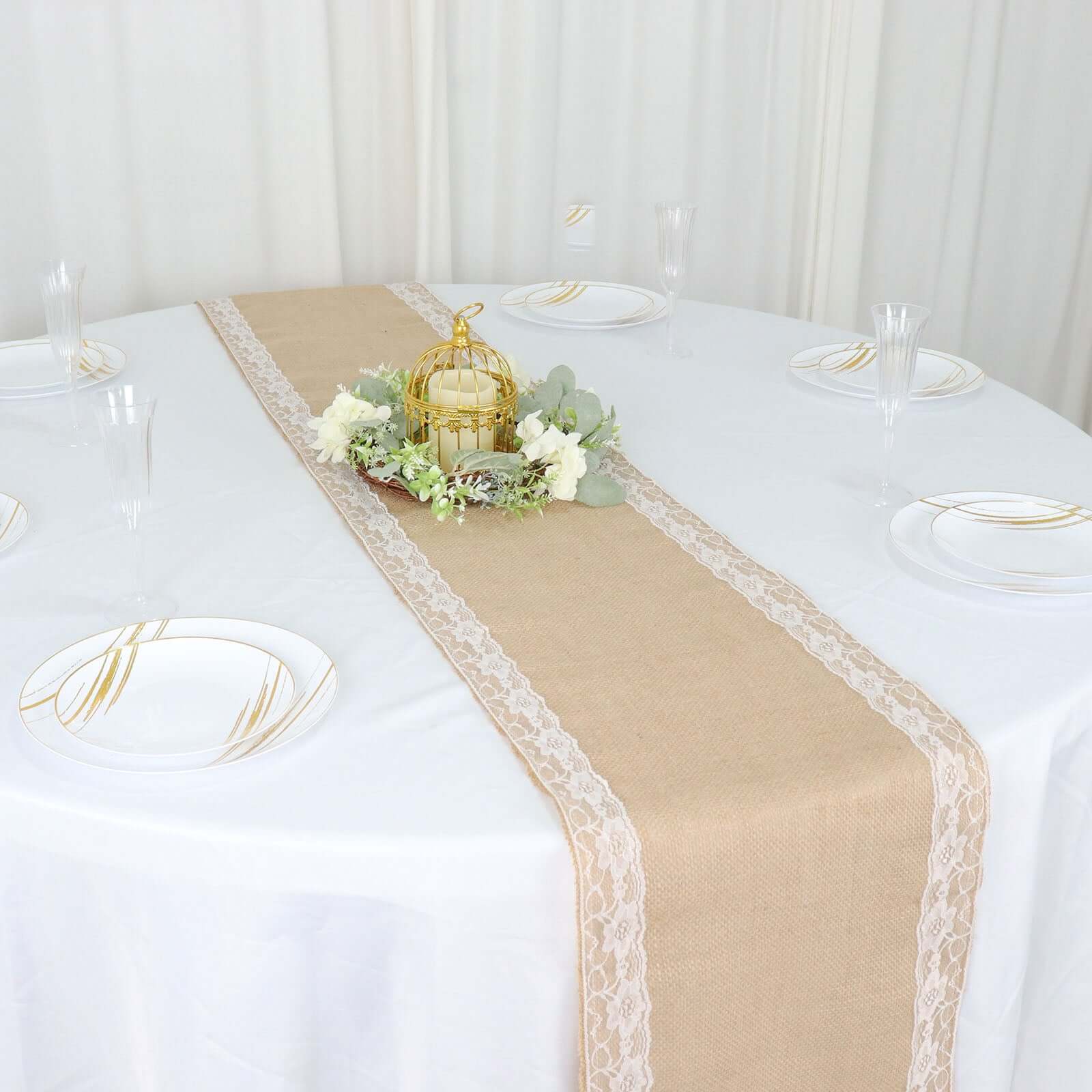 Burlap Jute 14"x104" Table Runner Natural With White Lace Trim Edges - Rustic Vintage Tabletop Decor