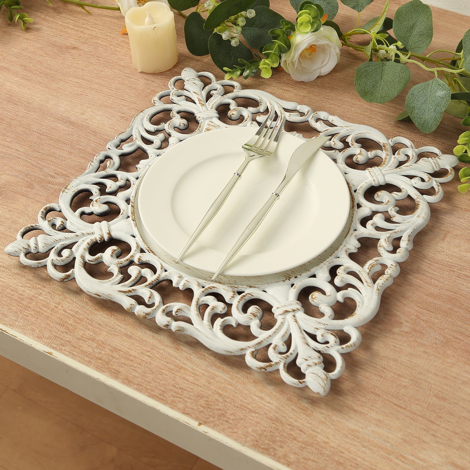 6-Pack Acrylic Square Charger Plates 12" Whitewashed with Hollow Lace Border, Event Tabletop Decorative Charger Tableware