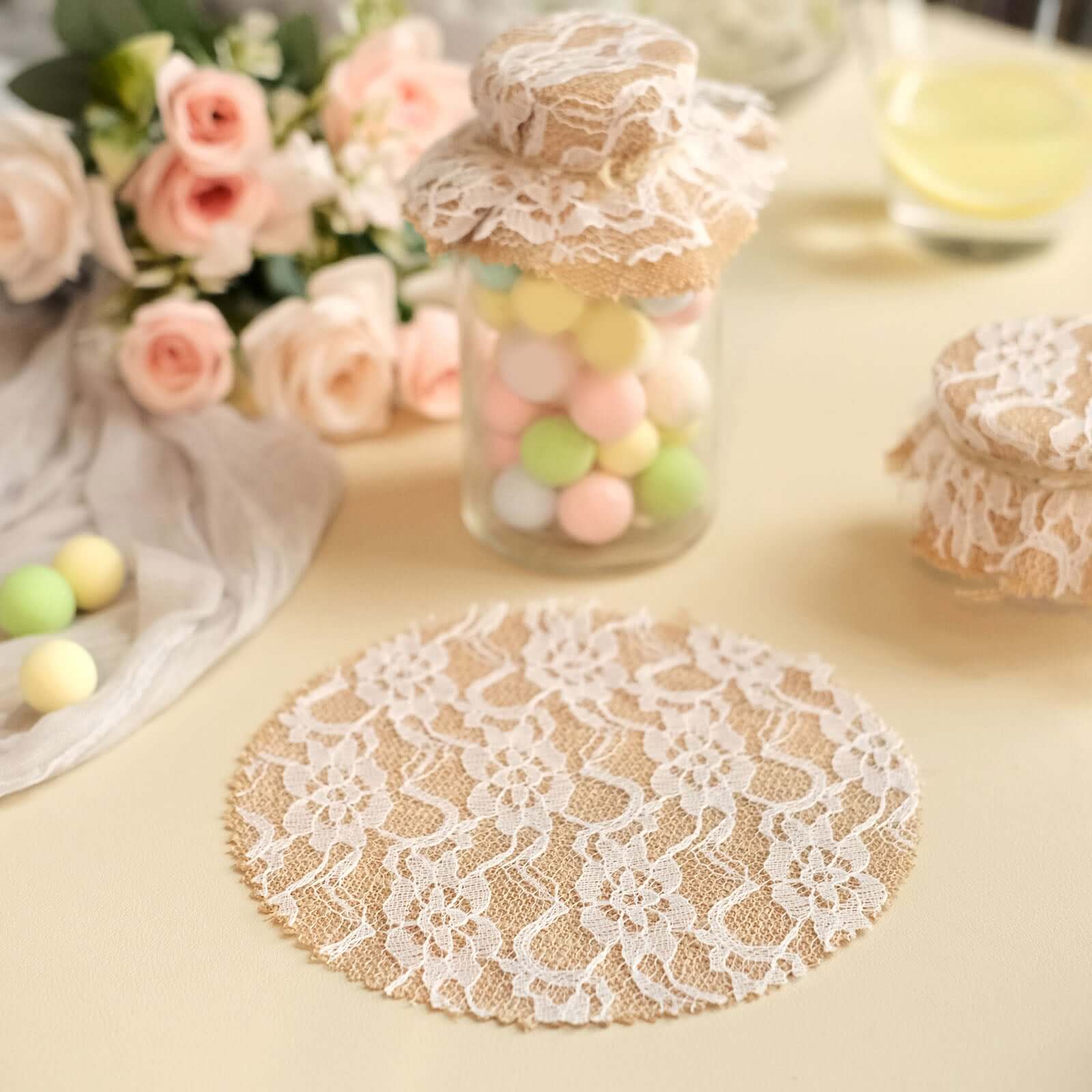 Set of 6 Mason Jar Lid Covers Rustic Burlap/White Lace Fabric Design with Jute String - Scalloped Edge Natural Linen Favor Covers 6"
