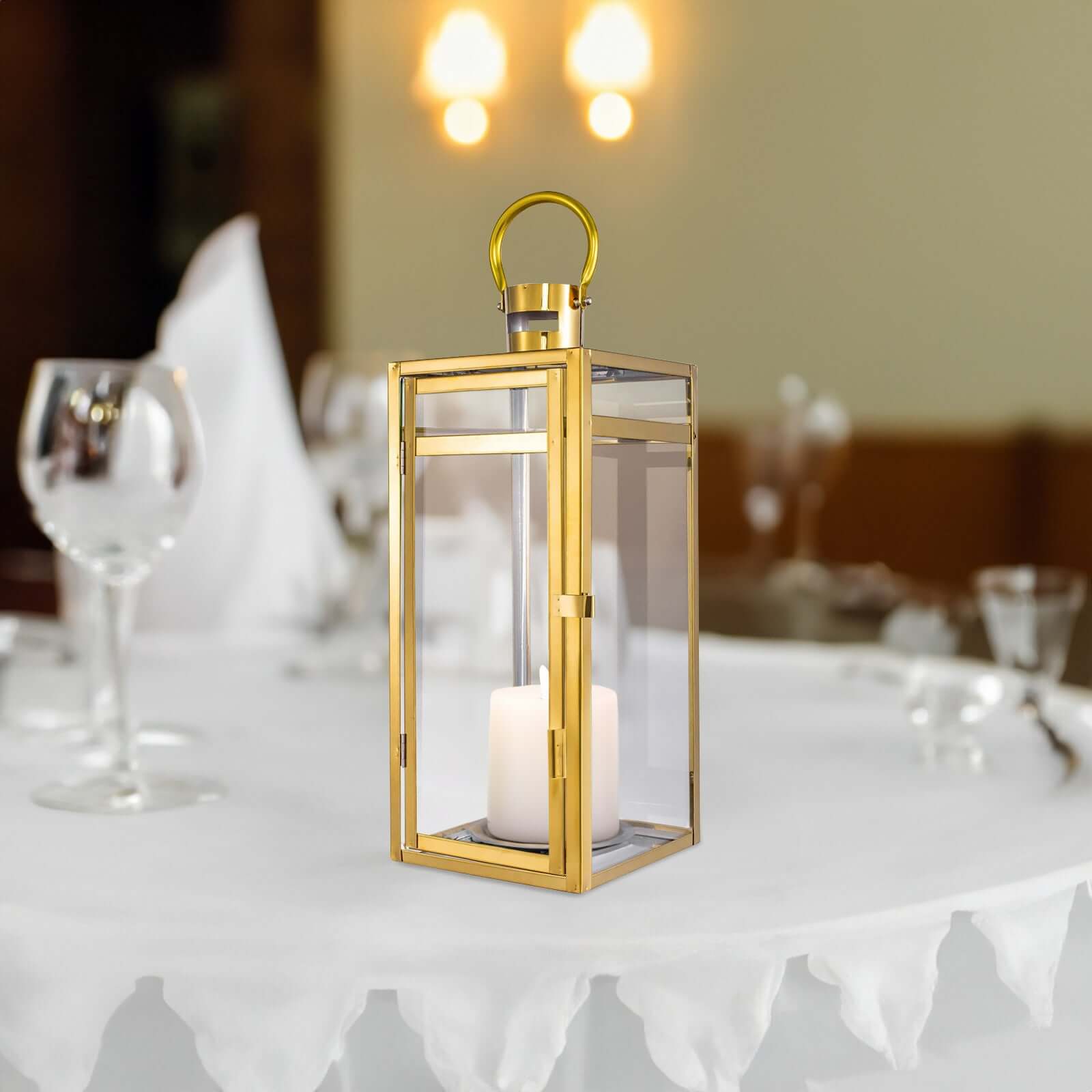 Stainless Steel Candle Lantern Vintage Top Design Gold - Outdoor Metal Patio Lantern Centerpiece 22"