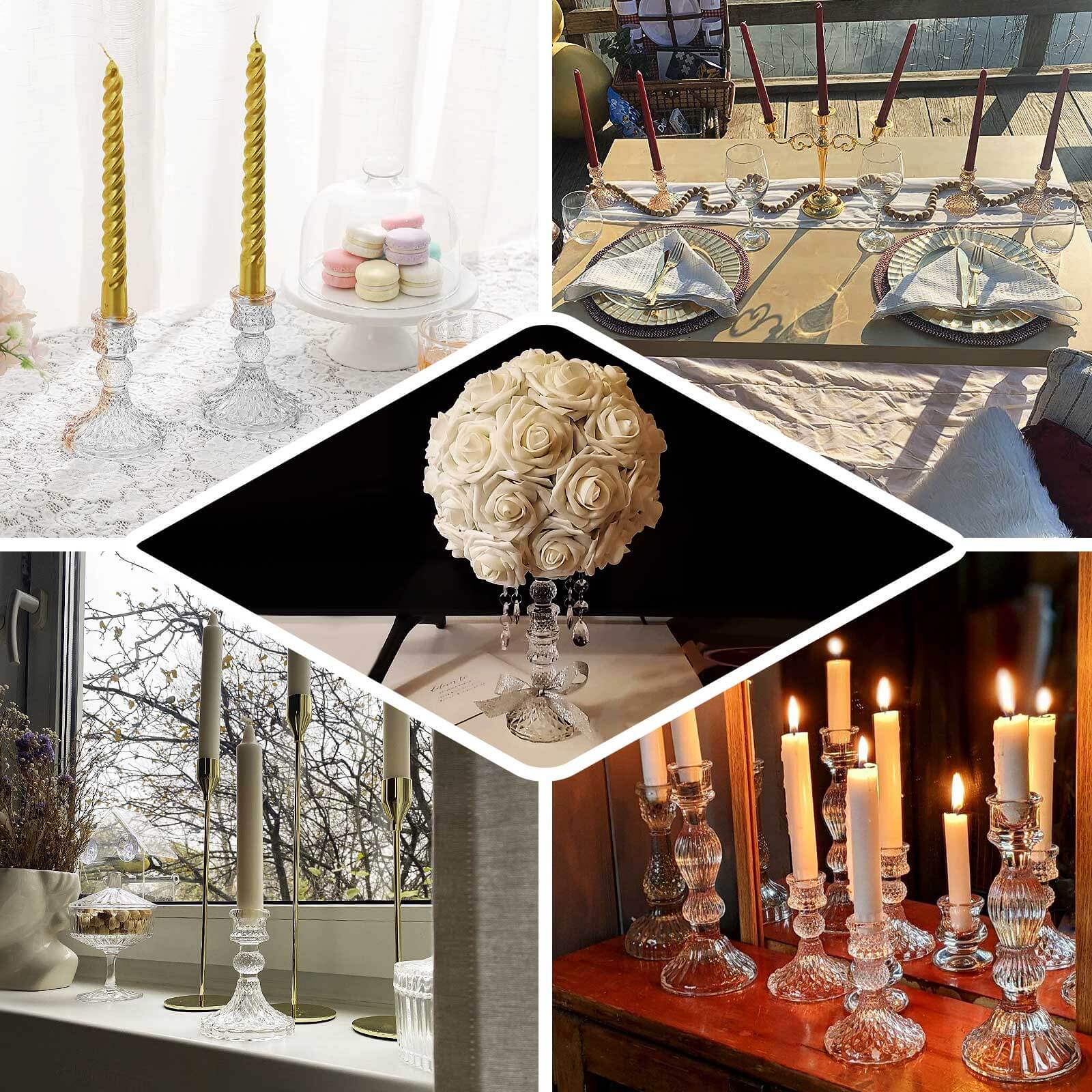 6-Pack Glass Taper Candlestick Holders Diamond Pattern Design Lavender Lilac - Reversible Crystal Pillar Votive Stands 4"