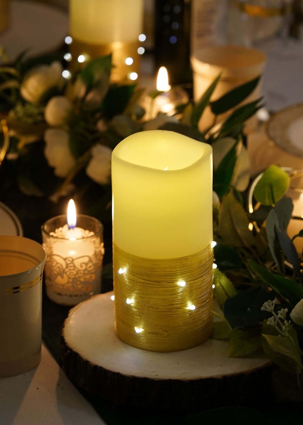 Set of 3 LED Flameless Pillar Candles Wrapped with Fairy String Lights Gold - Remote Operated 4", 5", 6"