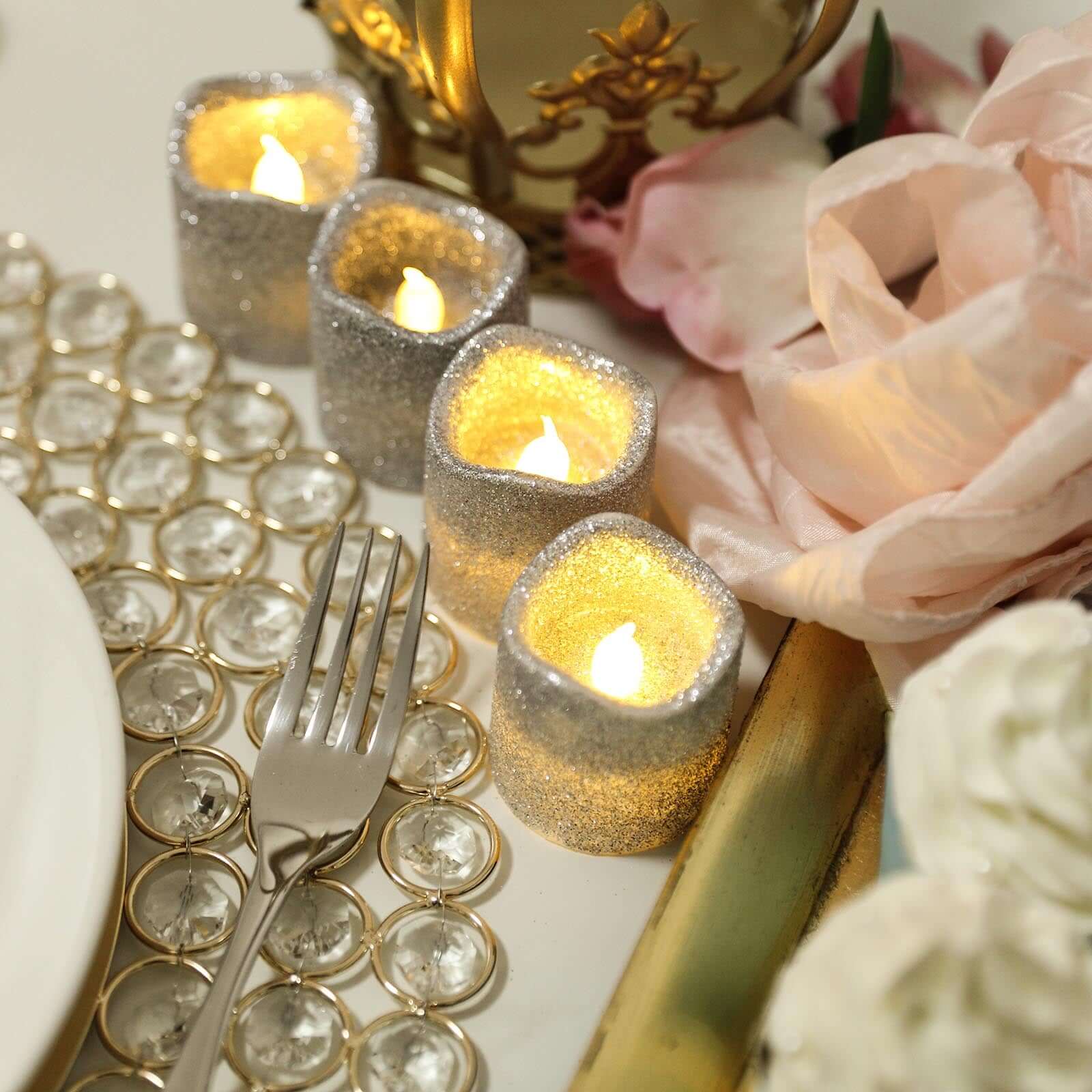 12-Pack LED Votive Candles Glittered Silver Design - Reusable Flameless Battery Operated Lights