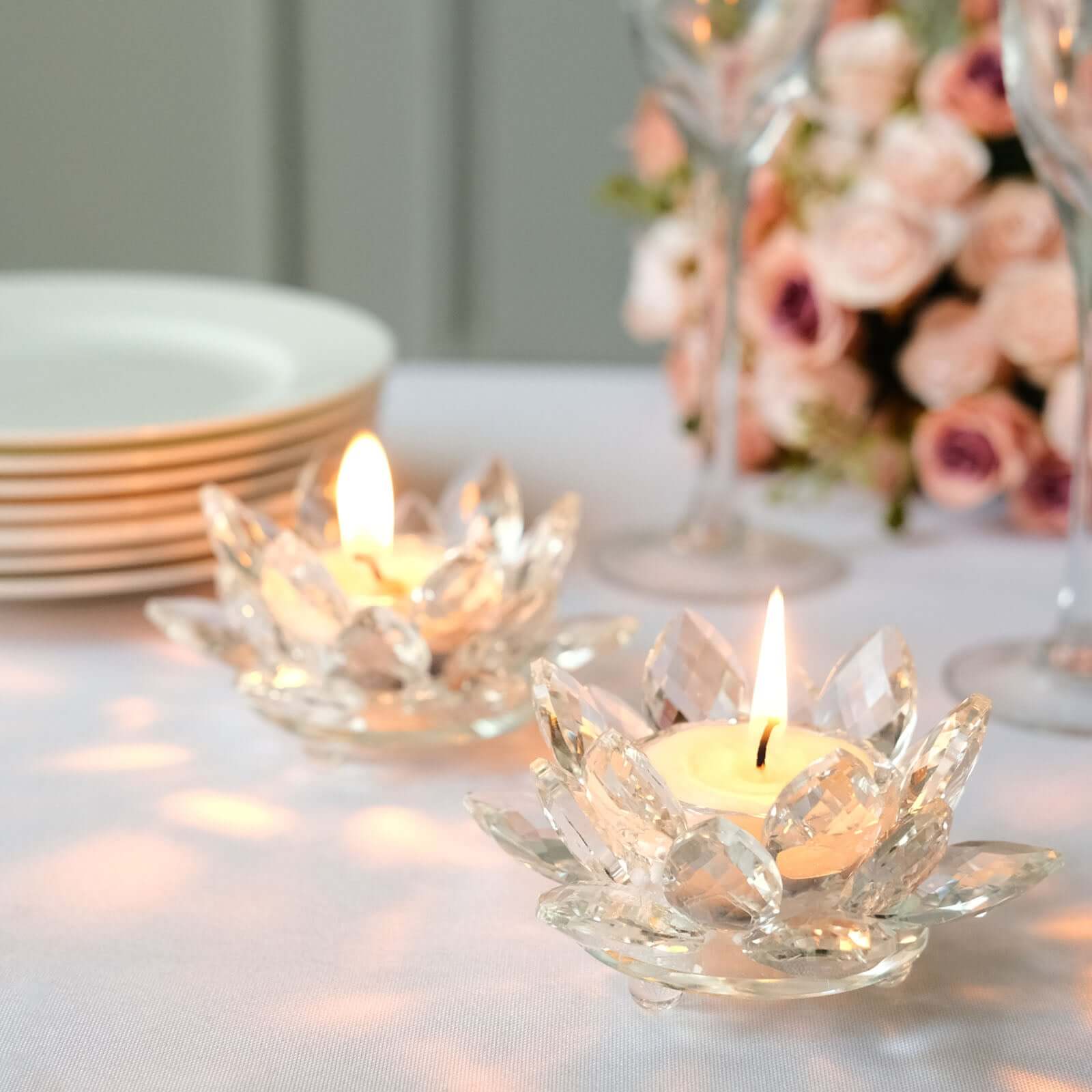 2 Pack Clear 4.5" Crystal Glass Lotus Flower Votive Candle Holders, Tealight Taper Candle Stands