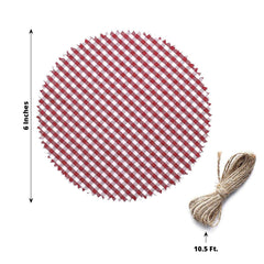 6 Pack 6" Red White Gingham Mason Jar Cloth Lid Covers, Checkered Jam Jar Covers with Jute String