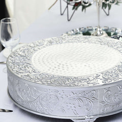Metal 18" Round Cake Pedestal Stand Matte Silver - Cupcake Dessert Display Riser with Intricate Embossed Design for Upscale Events & Gatherings