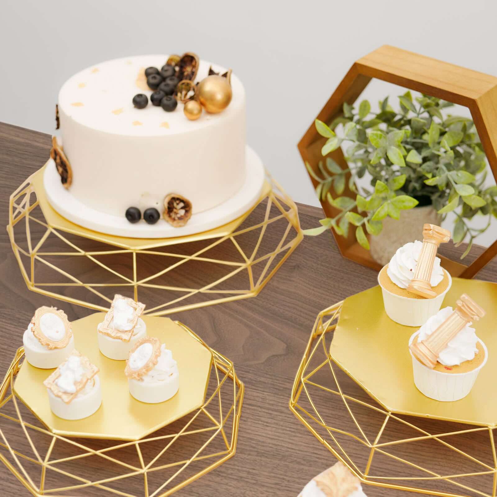 Set of 3 Metal Cake Stands Geometric Reversible Octagon Design Gold - Dessert Display Baskets 7", 9", 11"