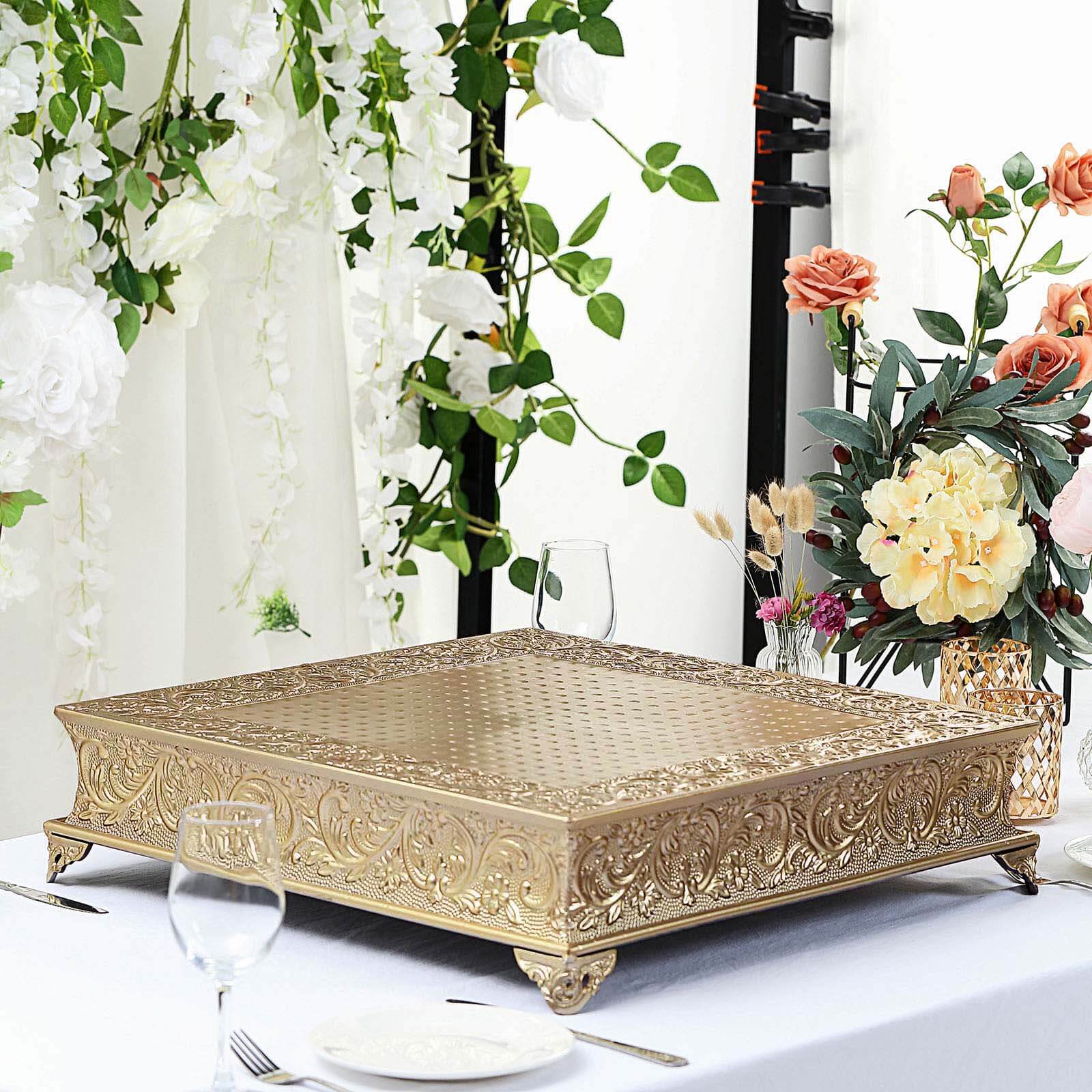 22" Square Gold Embossed Cake Pedestal, Metal Cake Stand Cake Riser