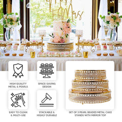 Set of 3 Cake Stands Round Design with Mirror Top Gold - Pearl Beaded Stackable Cupcake Holders Metal 12", 14", 16"