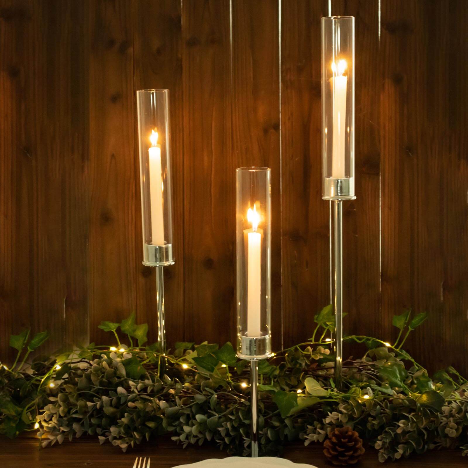 Set of 3 Tall Silver Metal Taper Candlestick Holders, Clear Glass Hurricane Candle Stands With Chimney Candle Shades 16", 20", 24"