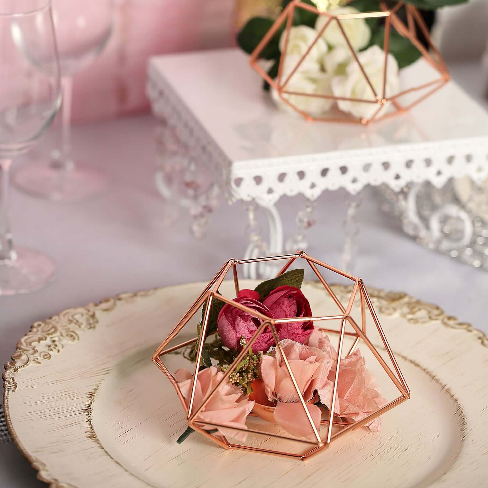 Set of 2 Candle Holders Metal Hexagon Geometric Design Rose Gold - Modern Decorative Centerpieces for Tables 4"x3"