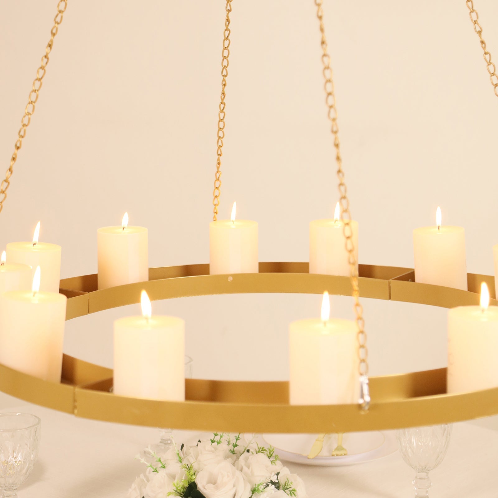 Gold Hanging Metal Floral Chandelier Frame - 32" Circular Lighting, Candle and Floral Display Base