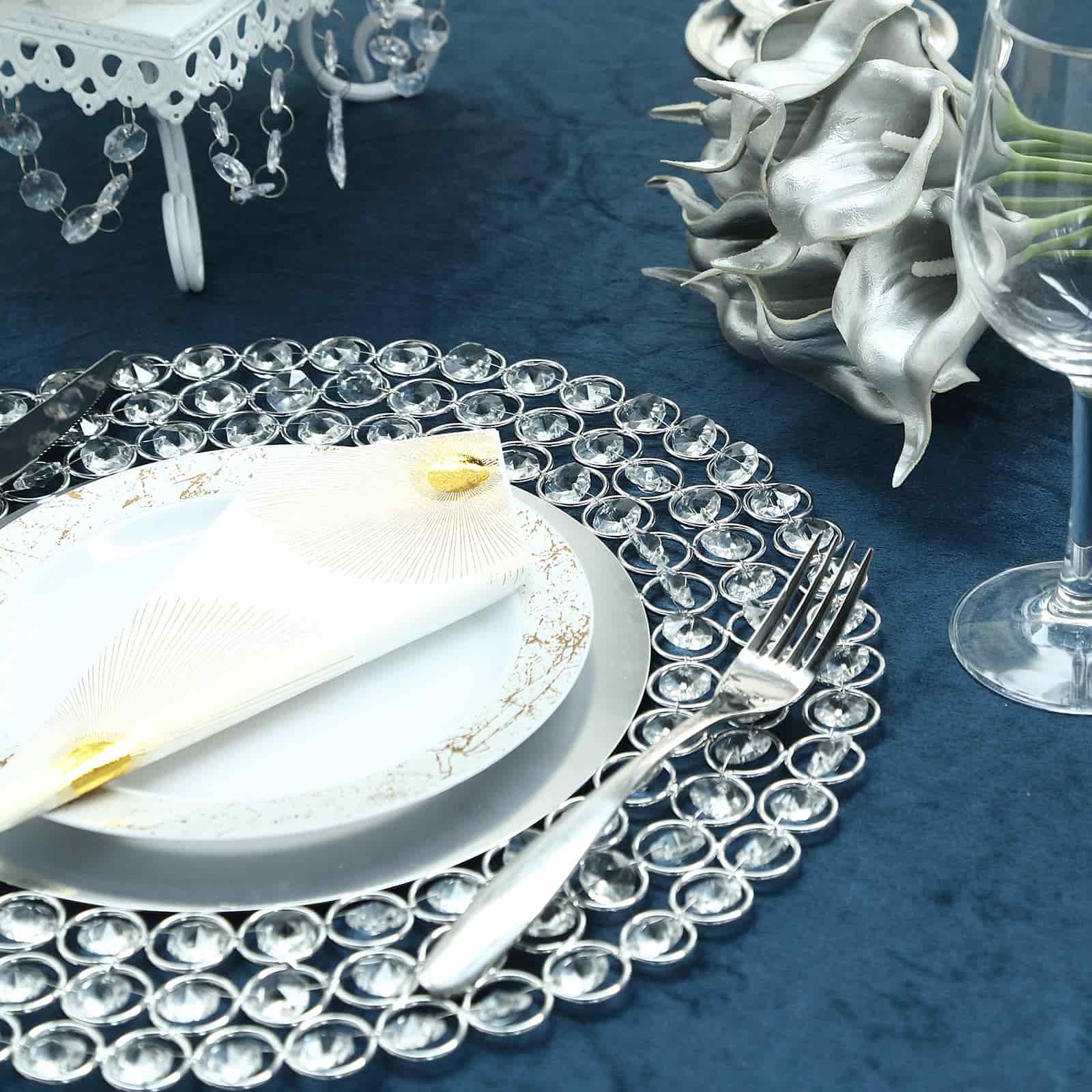 Wired Metal Round Charger Plate 14" in SIlver with Acrylic Crystal Beads, Glamorous Decorative Dinner Charger Tableware