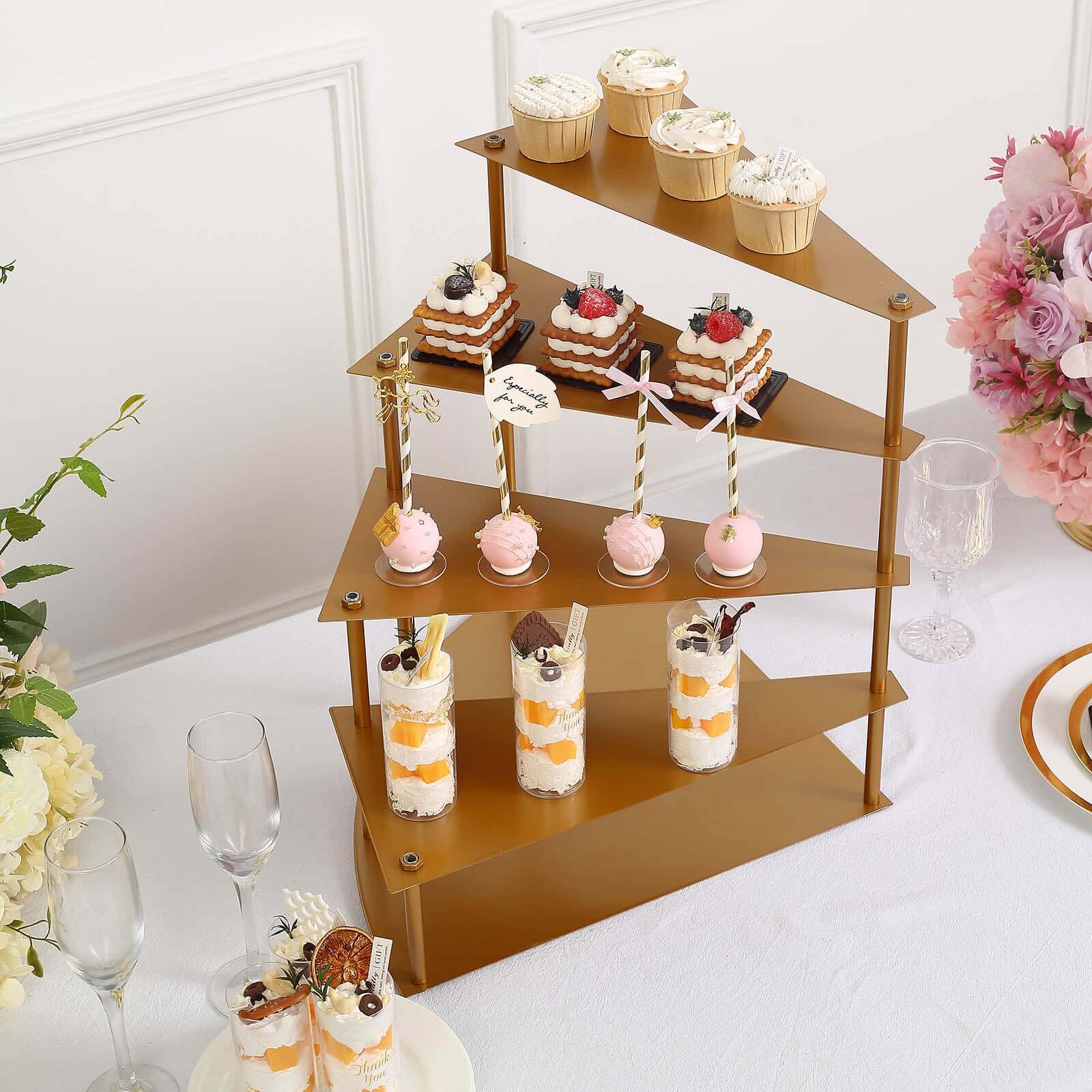 4-Tier Metal Spiral Stairway Cupcake Display Stand Gold - Dessert Cake Step Pedestal Tray 17"