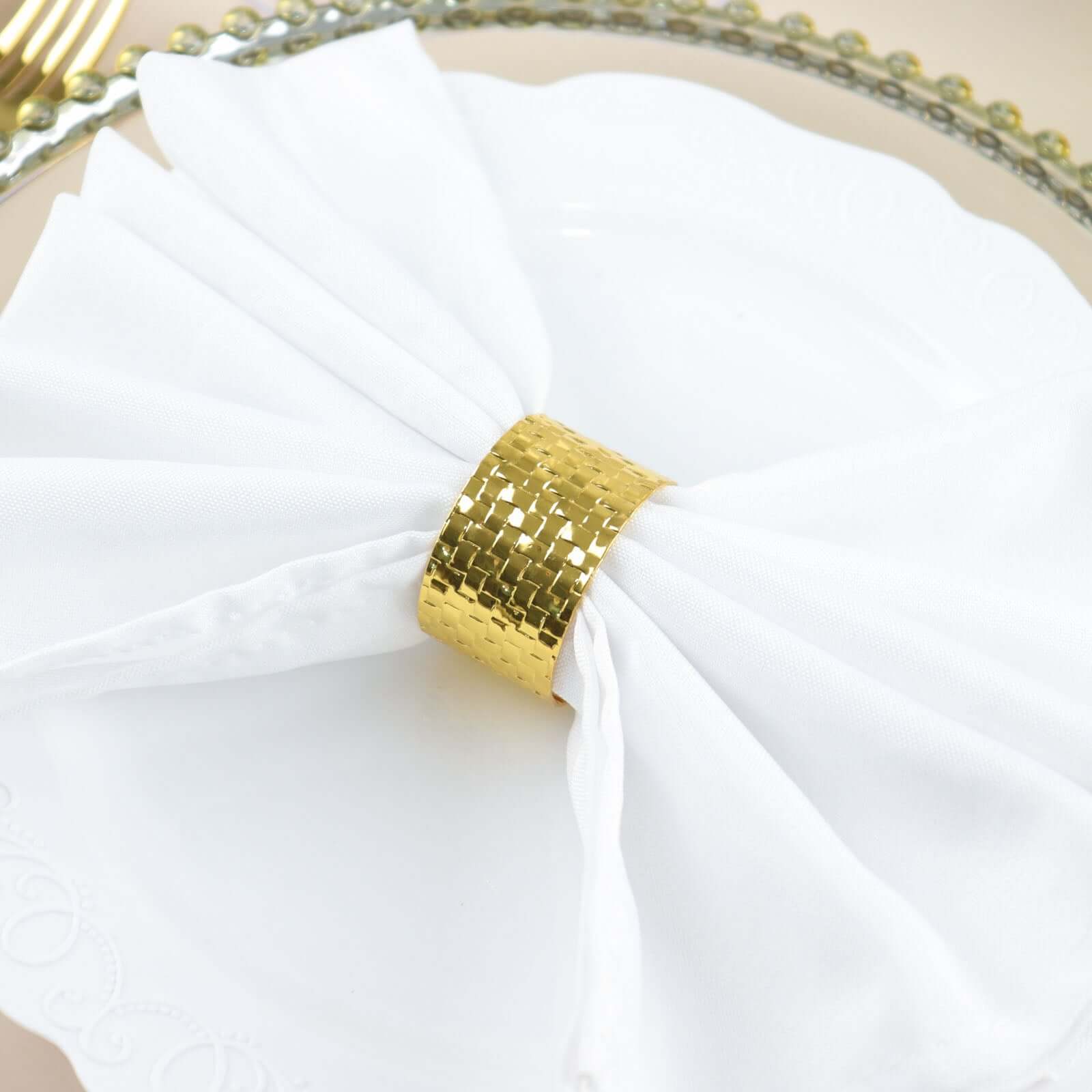 4 Pack Shiny Gold Basket Weave Napkin Rings, Metallic Napkin Holders