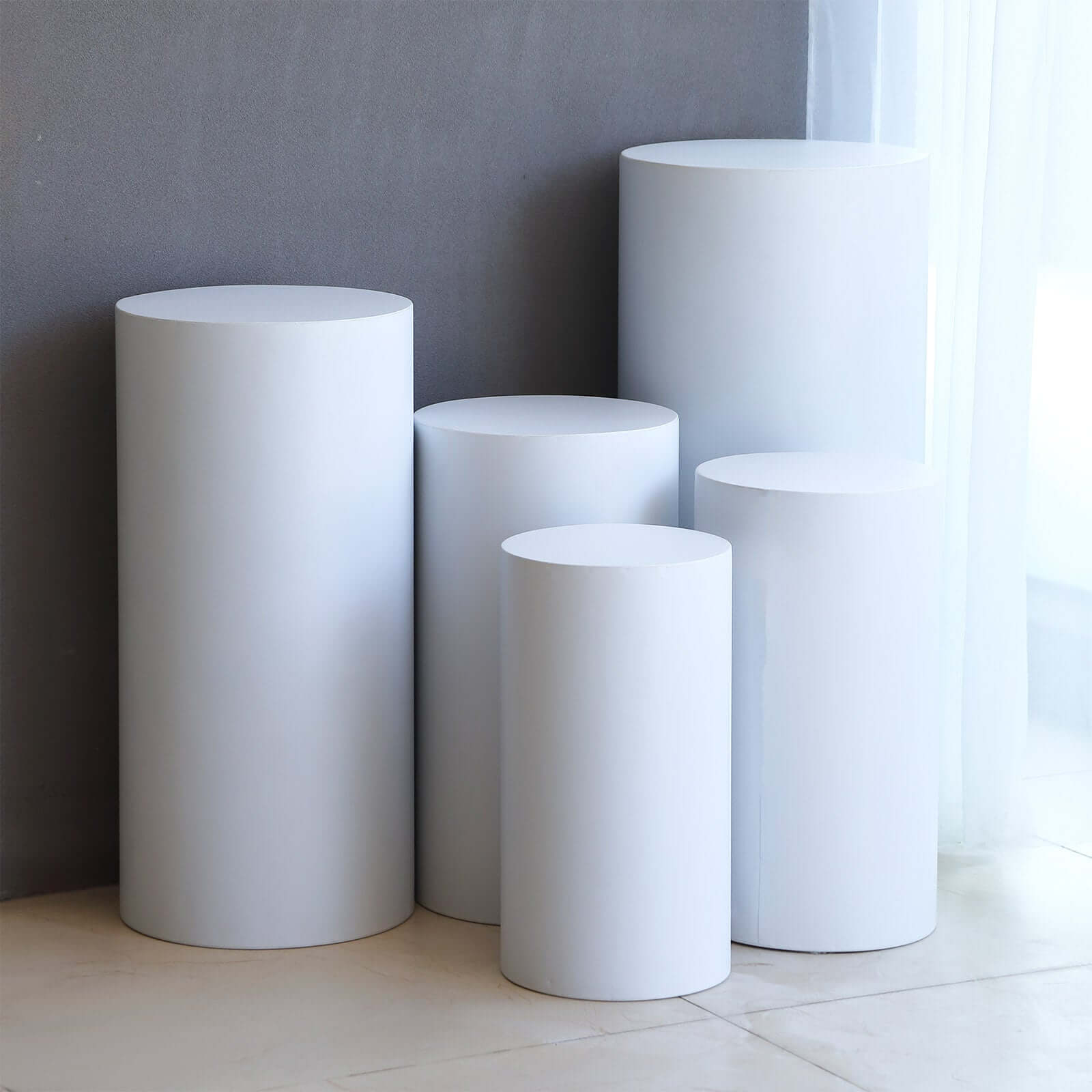 Set of 5 White Metal Cylinder Pillar Prop Stands For Wedding Aisle, Round Plinth Pedestal Display Boxes - 20",22",24",26",30"