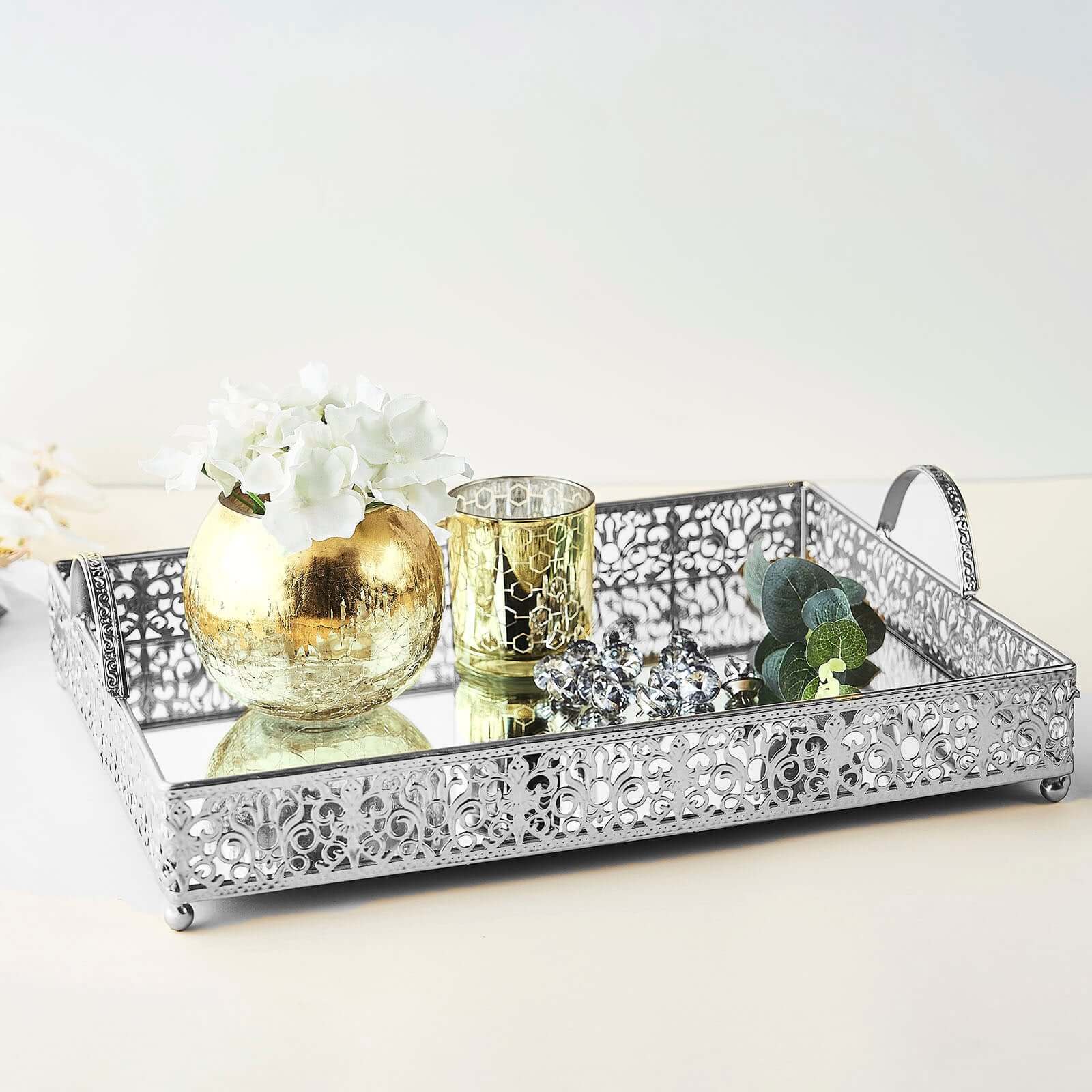Metal Mirrored Rectangle Serving Tray 16"x12" in Silver Fleur De Lis Design with Handles, French Inspired Decorative Vanity Tray Centerpiece