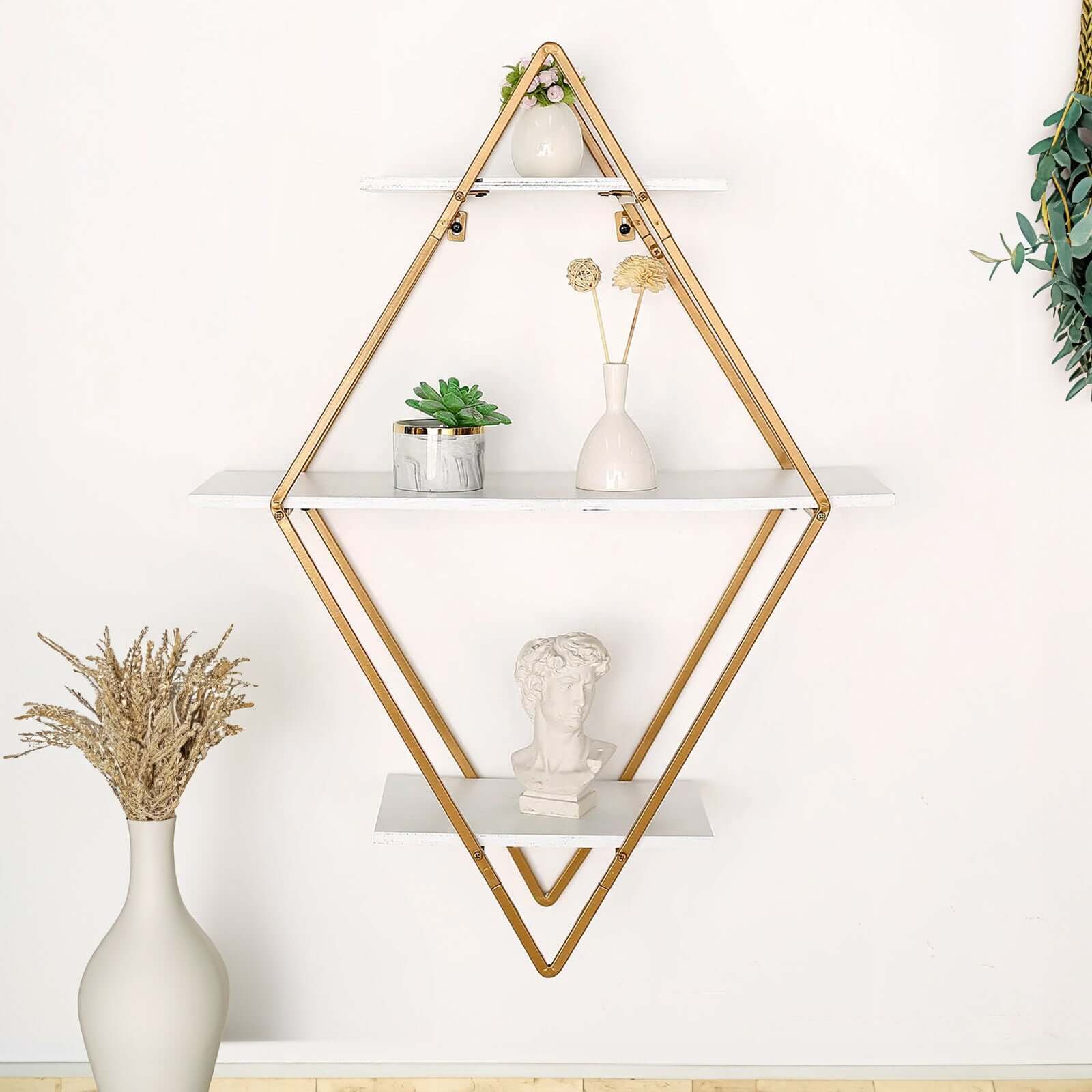 31" Geometric Diamond Shaped 3-Tier Gold Metal Dessert Cupcake Stand Rack, Wall Hanging Display Shelf Display, Book Shelf With White Wood Panels