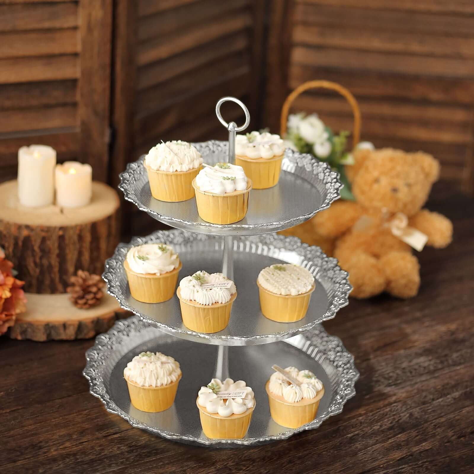 3-Tier Plastic Round Cupcake Stand 15" Metallic Silver with Lace Scalloped Edges - Multifunctional Space Saving Dessert Display Tower Pastry Serving Tray for Classy Events