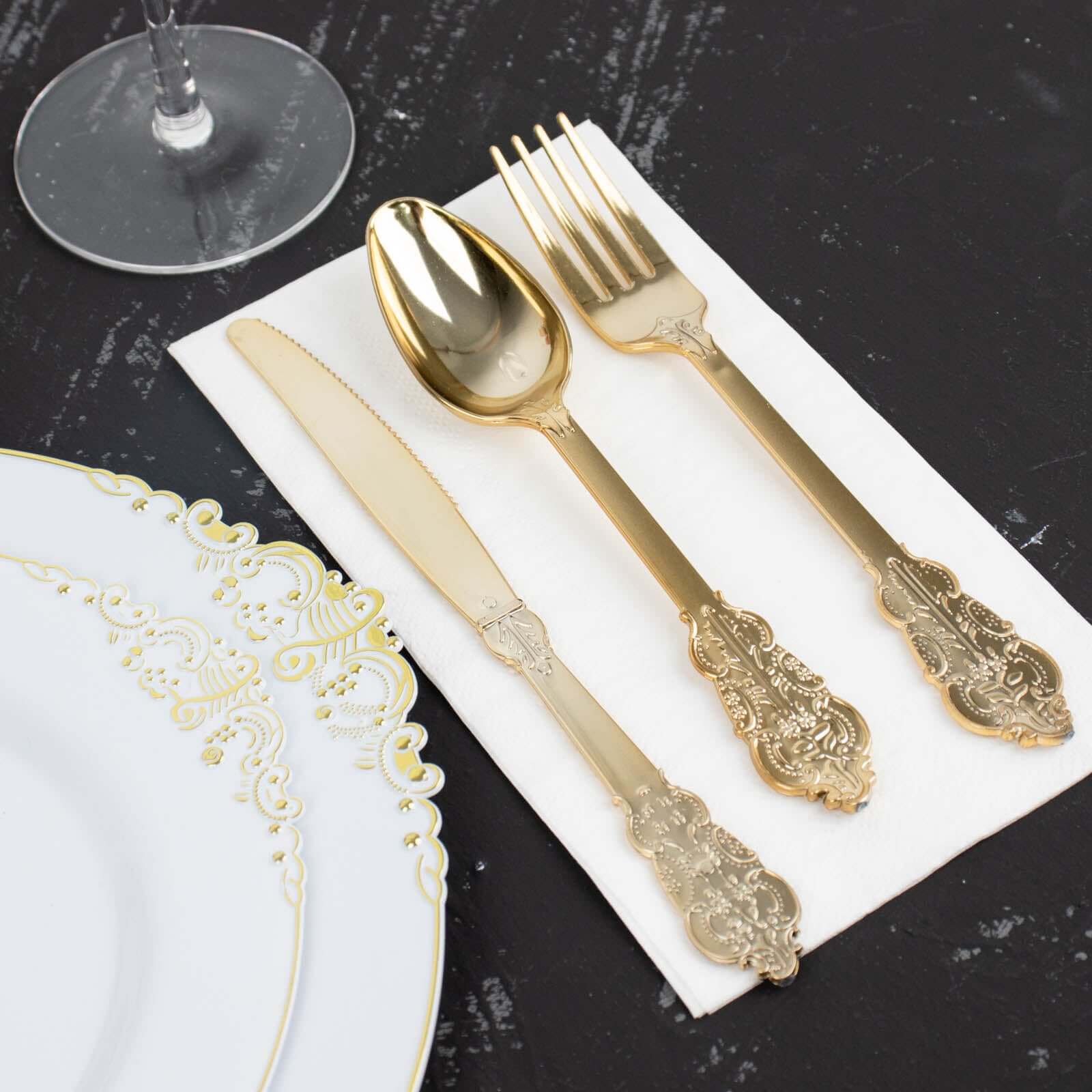 24 Pcs Plastic Silverware Set in Baroque Style Metallic Gold - Heavy Duty Disposable Knife, Fork, and Spoon Set