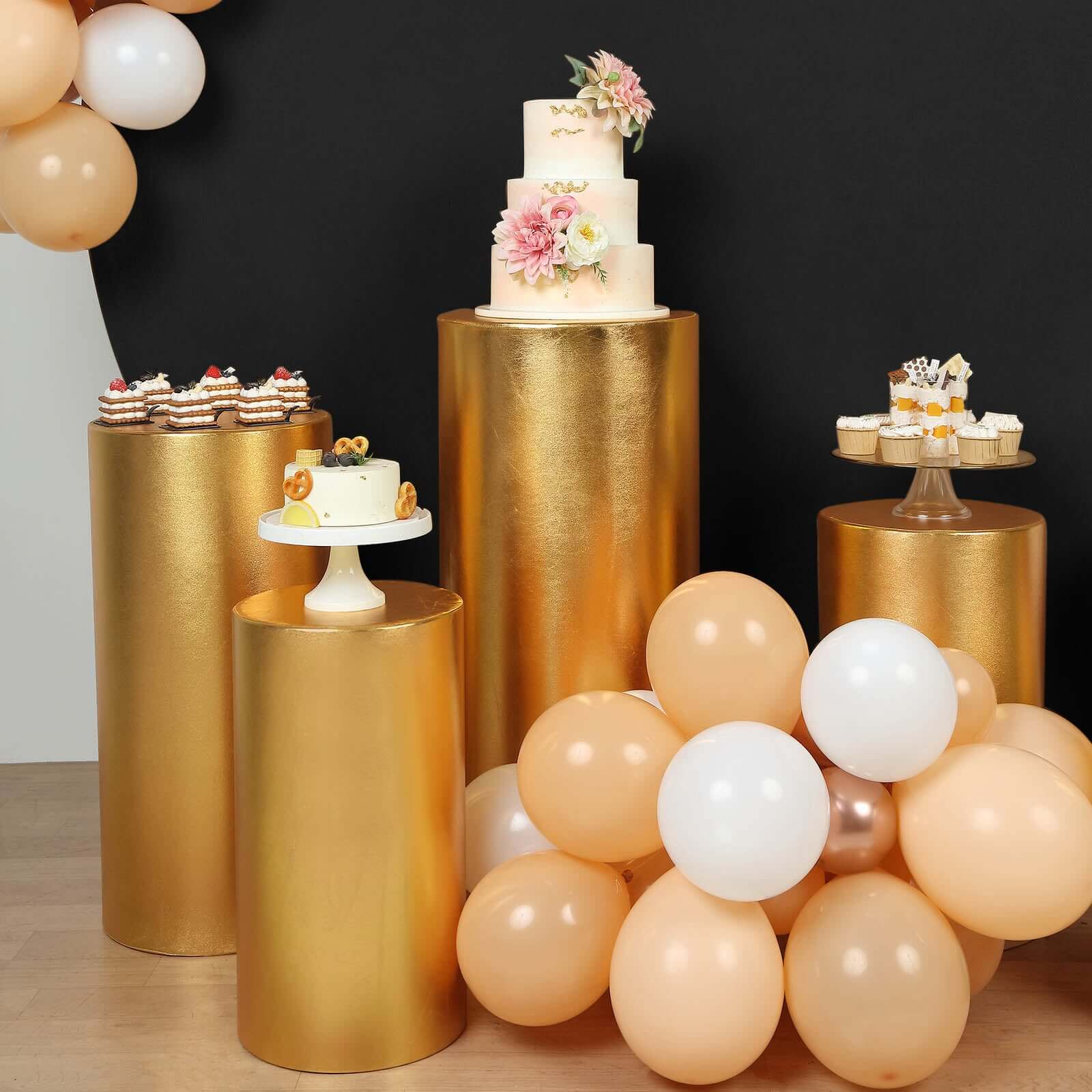 Set of 5 Metallic Gold Spandex Cylinder Pedestal Stand Covers, Shiny Stretchable Pillar Prop Covers - 130 GSM