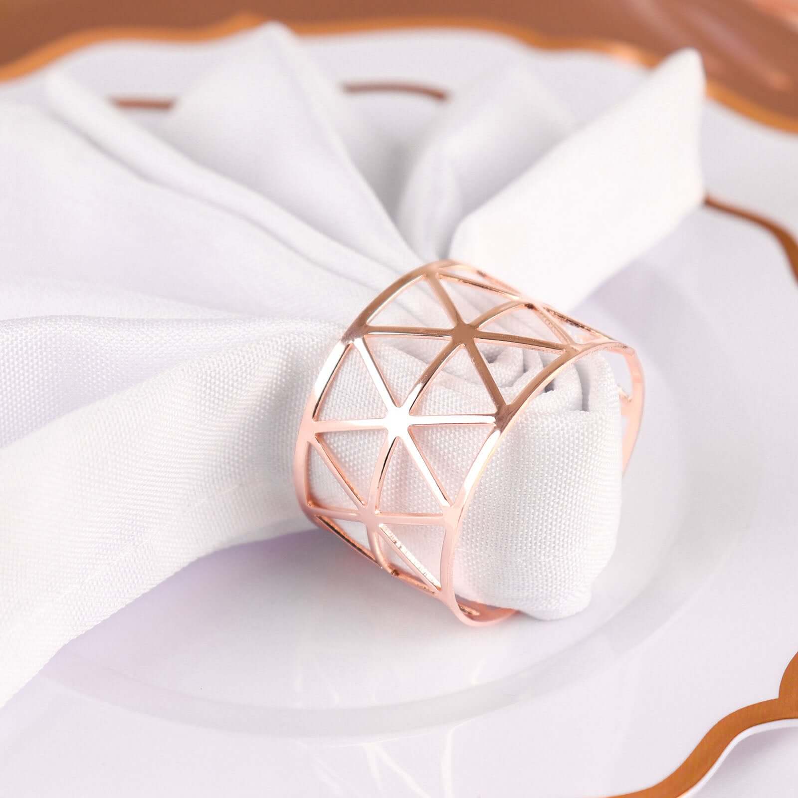 5 Pack Metallic Blush Rose Gold Geometric Napkin Rings, Paper Napkin Holders