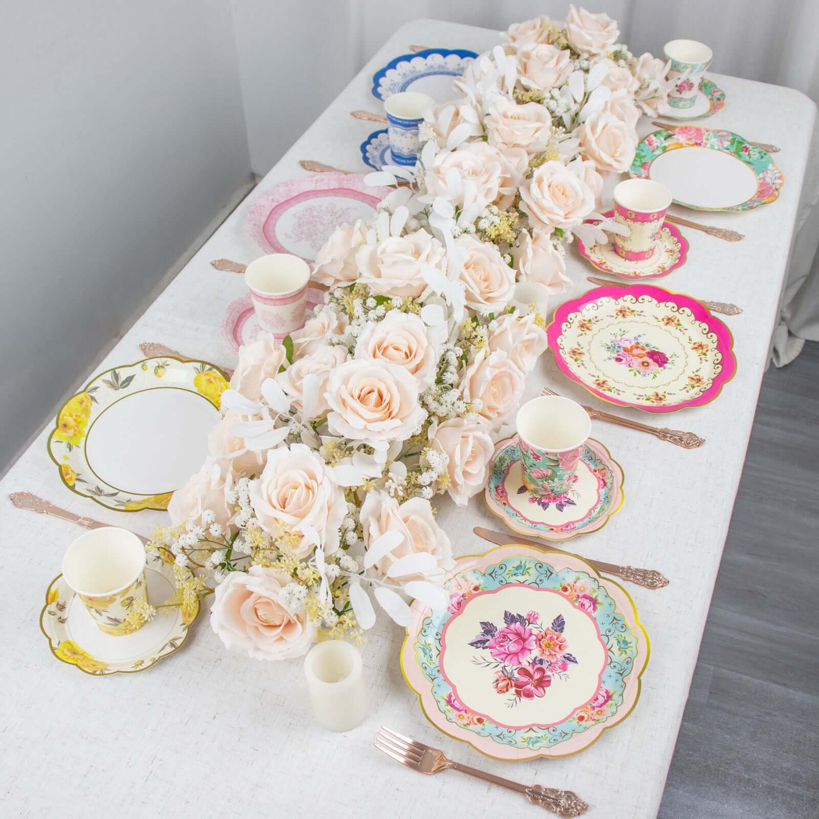 24-Pack Paper 9" Round Dinner Plates in Mixed Floral Print with Scalloped Edge - Disposable Party Plates for Baby Showers & Vintage Themes