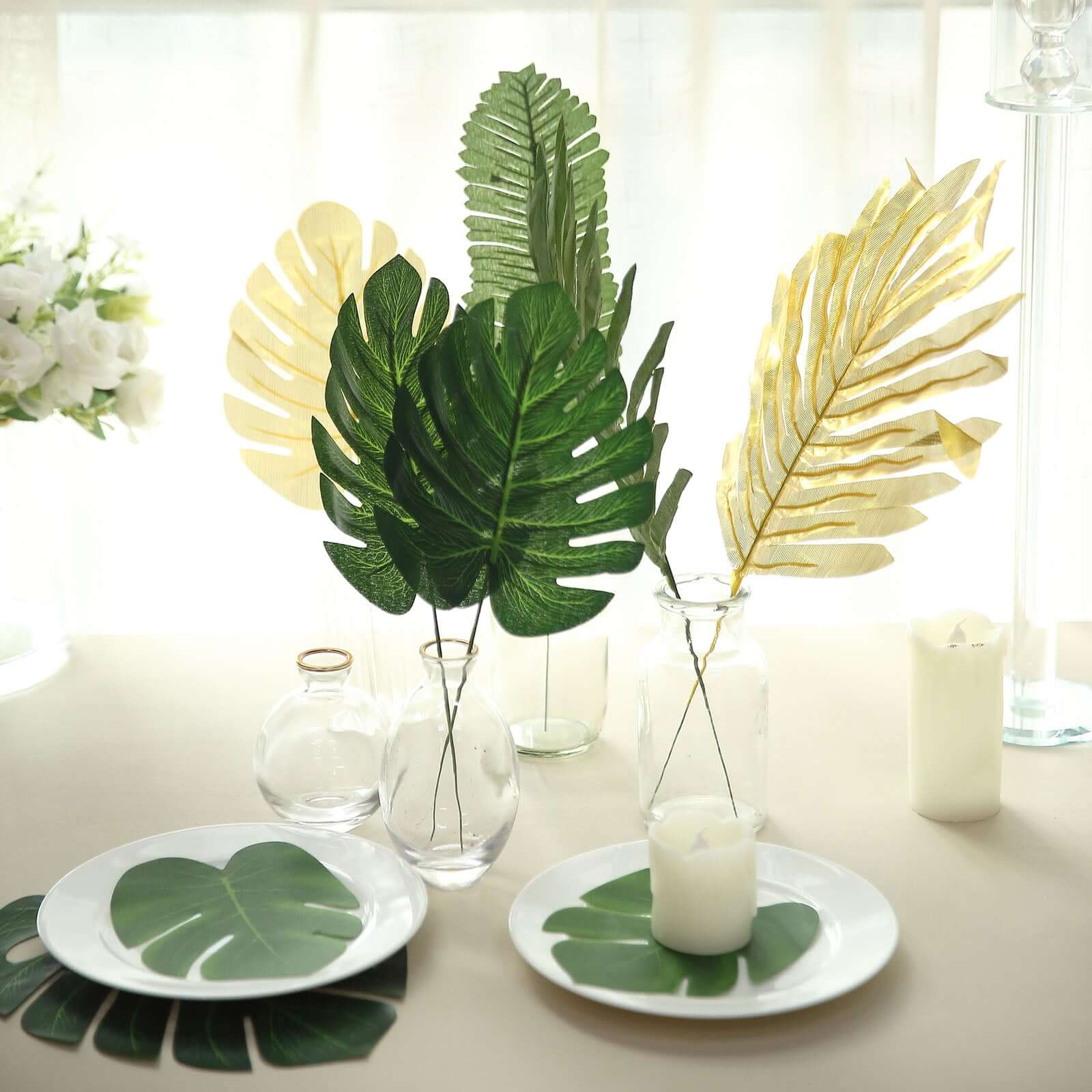 28 Pack Green And Gold Silk Tropical Monstera Palm Leaves, Assorted Artificial Jungle Theme Branches