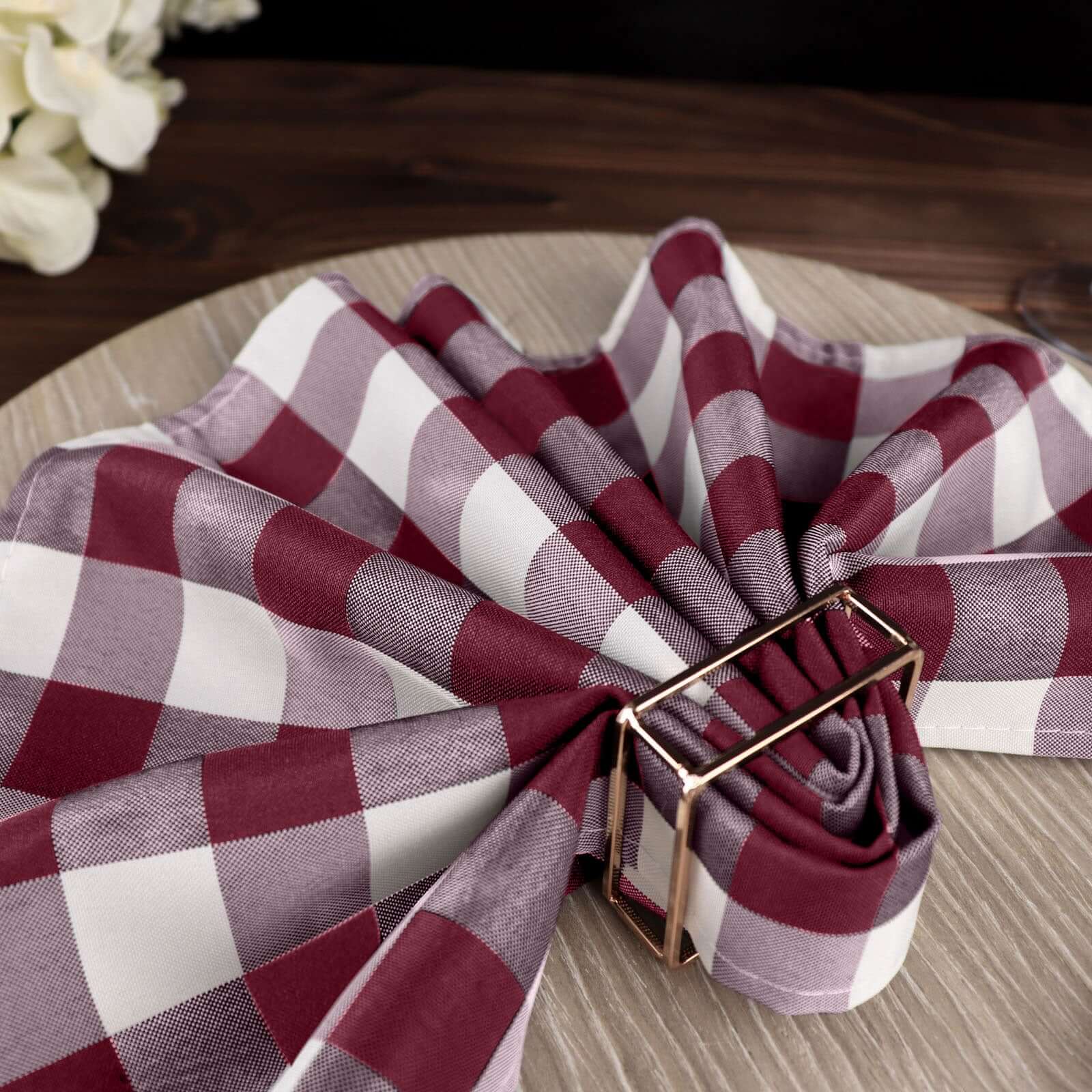 5 Pack Polyester 15"x15" Napkins Burgundy/White Buffalo Plaid Gingham Style Cloth Napkins