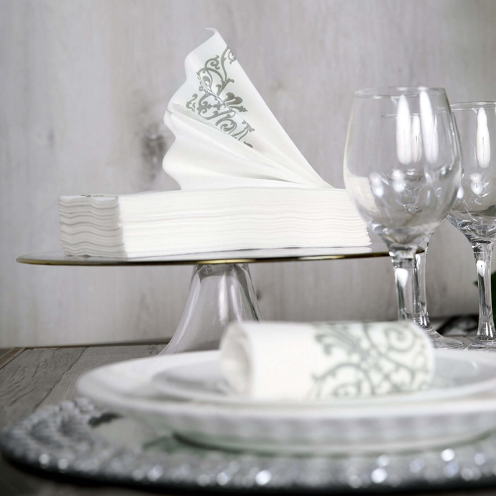 25 Pack Linen-Like Paper 8"x4" Napkins White with Metallic Silver Foil Fleur Vintage Design - Classy Disposable Airlaid Hand Towels for Weddings & Events