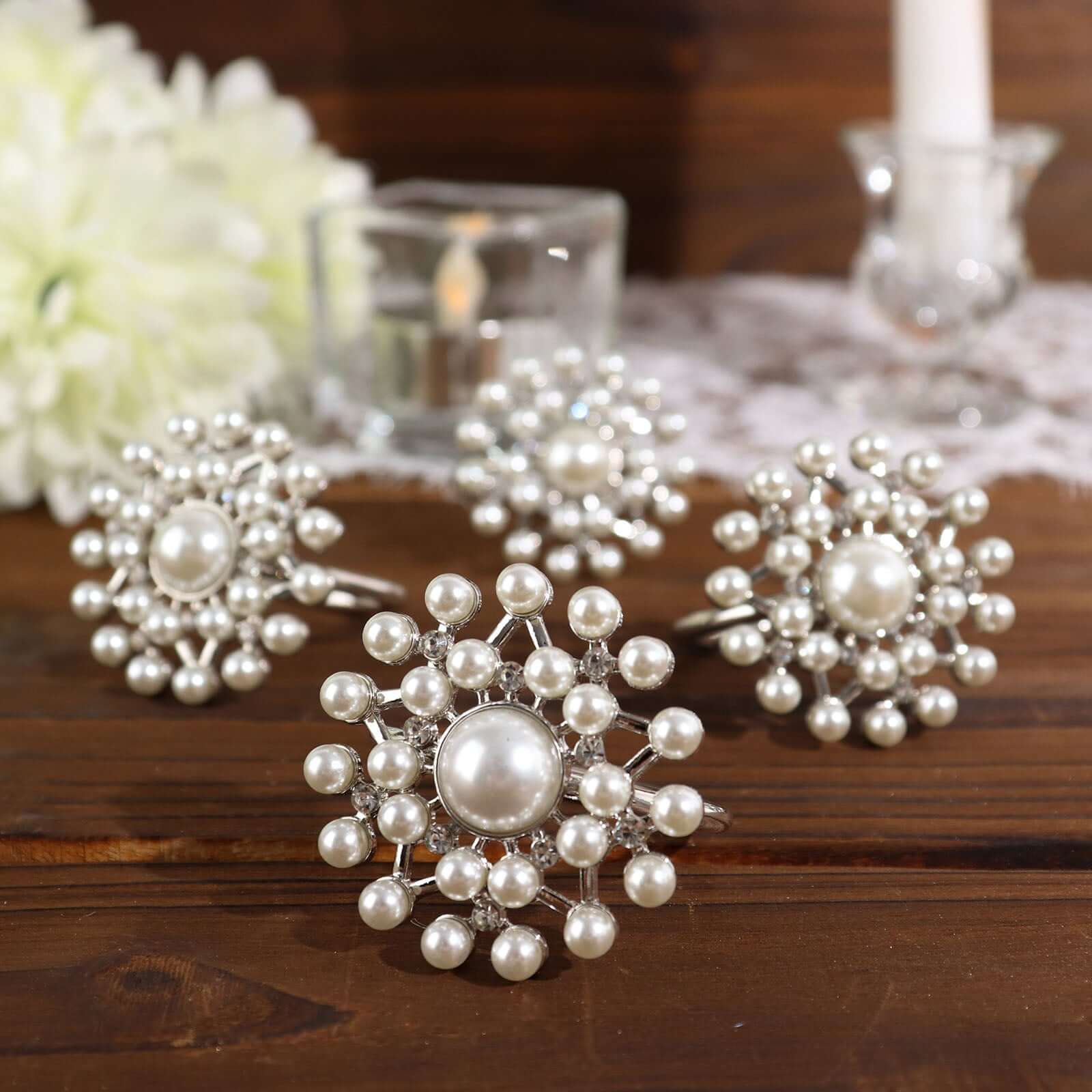 4 Pack Pearl And Diamond Rhinestone Silver Metal Napkin Rings, Decorative Napkin Buckle Holders