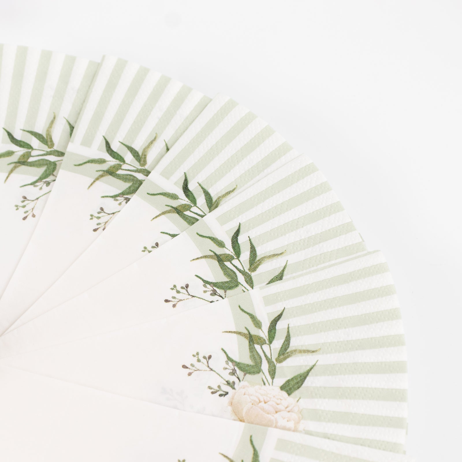 25-Pack Round Paper Cocktail Napkins with Floral Lined Pattern White/Sage Green - Disposable 2 Ply Beverage Napkins 12"