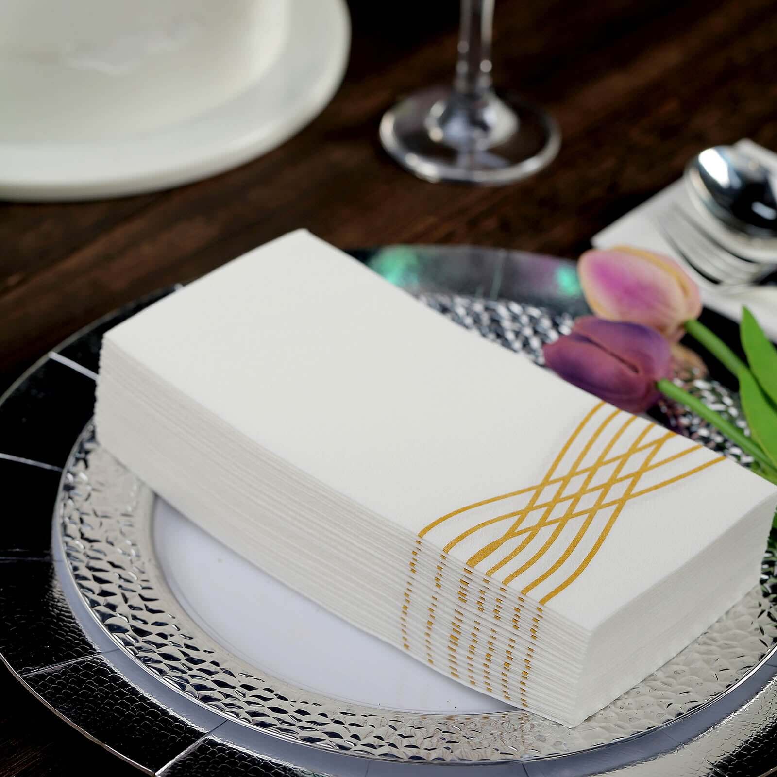 25 Pack Linen-Like Paper 8"x4" Napkins White with Metallic Gold Foil Wave Design - Soft & Absotbent Airlaid Hand Towels for Exquisite Weddings & Events