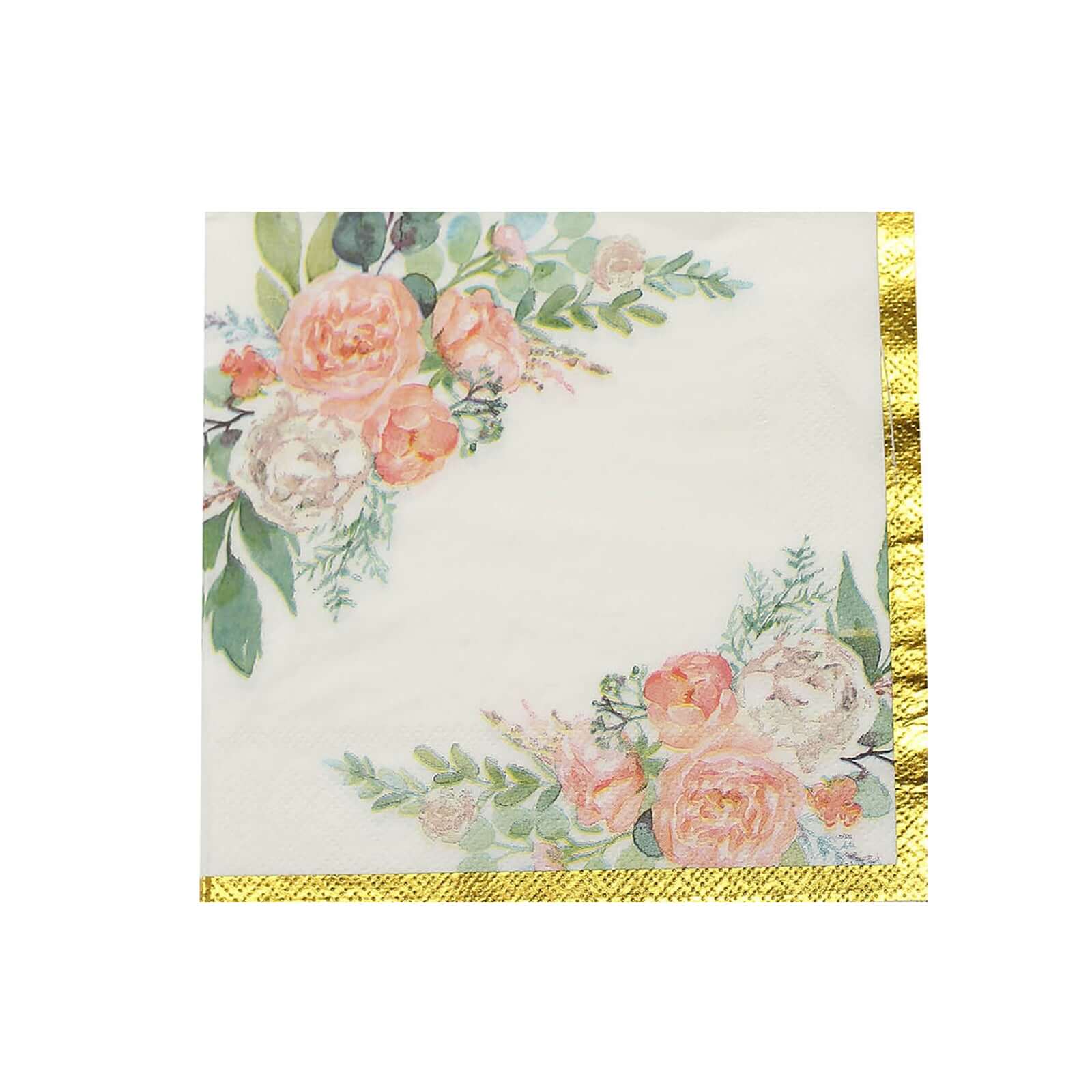 20-Pack Paper Cocktail Napkins with Pink Peony Floral Design and Gold Trim White - 2 Ply Wedding Beverage Napkins 18GSM