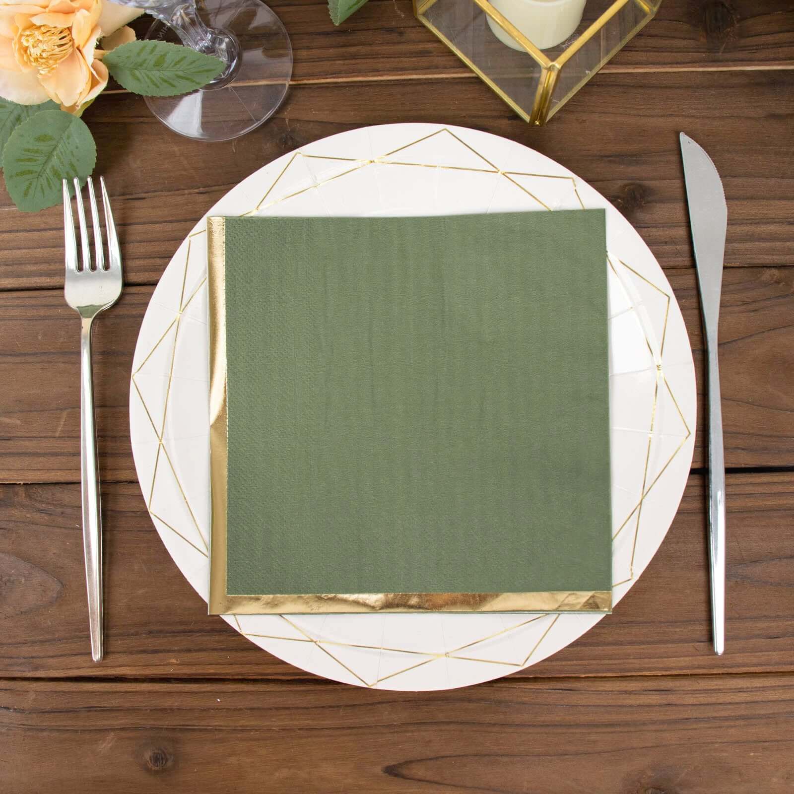 50-Pack Paper Beverage Napkins with Gold Foil Olive Green - Disposable 2 Ply Cocktail Napkins for Events 6.5"x6.5"