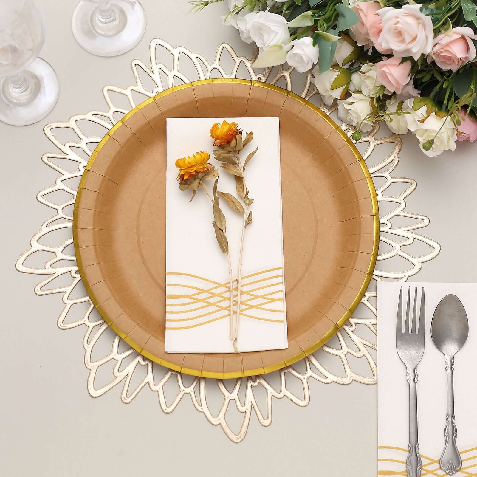 25-Pack Kraft Paper 10" Round Dinner Plates in Natural Brown with Gold Lined Rim - Disposable Party Plates for Rustic & Vintage Inspired Events