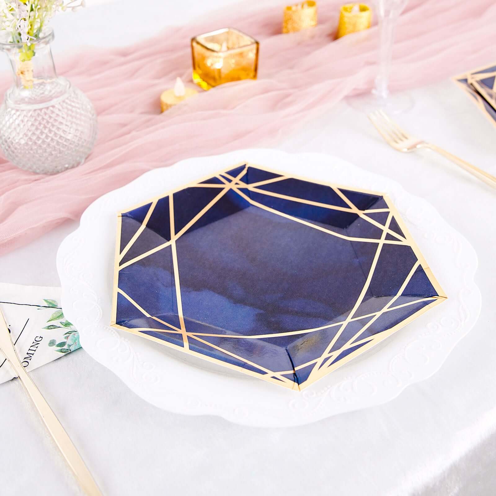 25-Pack Paper 7" Hexagon Dessert Plates in Navy Blue with Gold Geometric Lines & Rim - Stylish Disposable Geometric 300GSM Appetizer Salad Plates