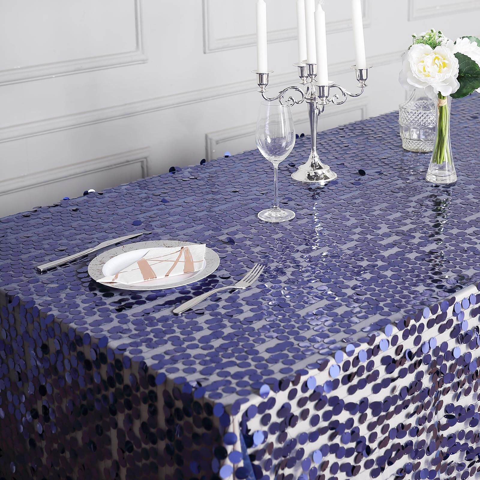 Sequin 90"x132" Rectangle Tablecloth Navy Blue - Seamless Big Payette Table Cover