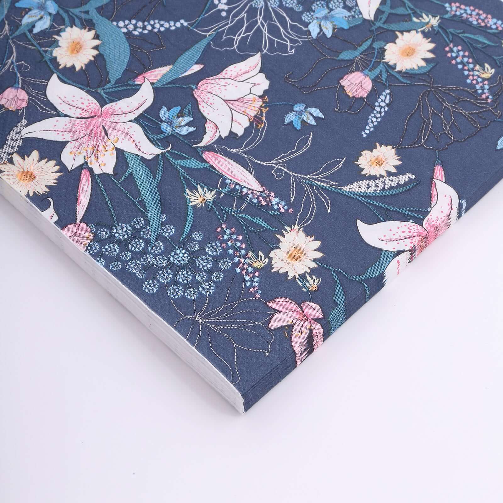50-Pack Paper Beverage Napkins with Water Lily Floral Design Navy Blue - 2 Ply Soft 18GSM Wedding Napkins 6.5"x6.5"