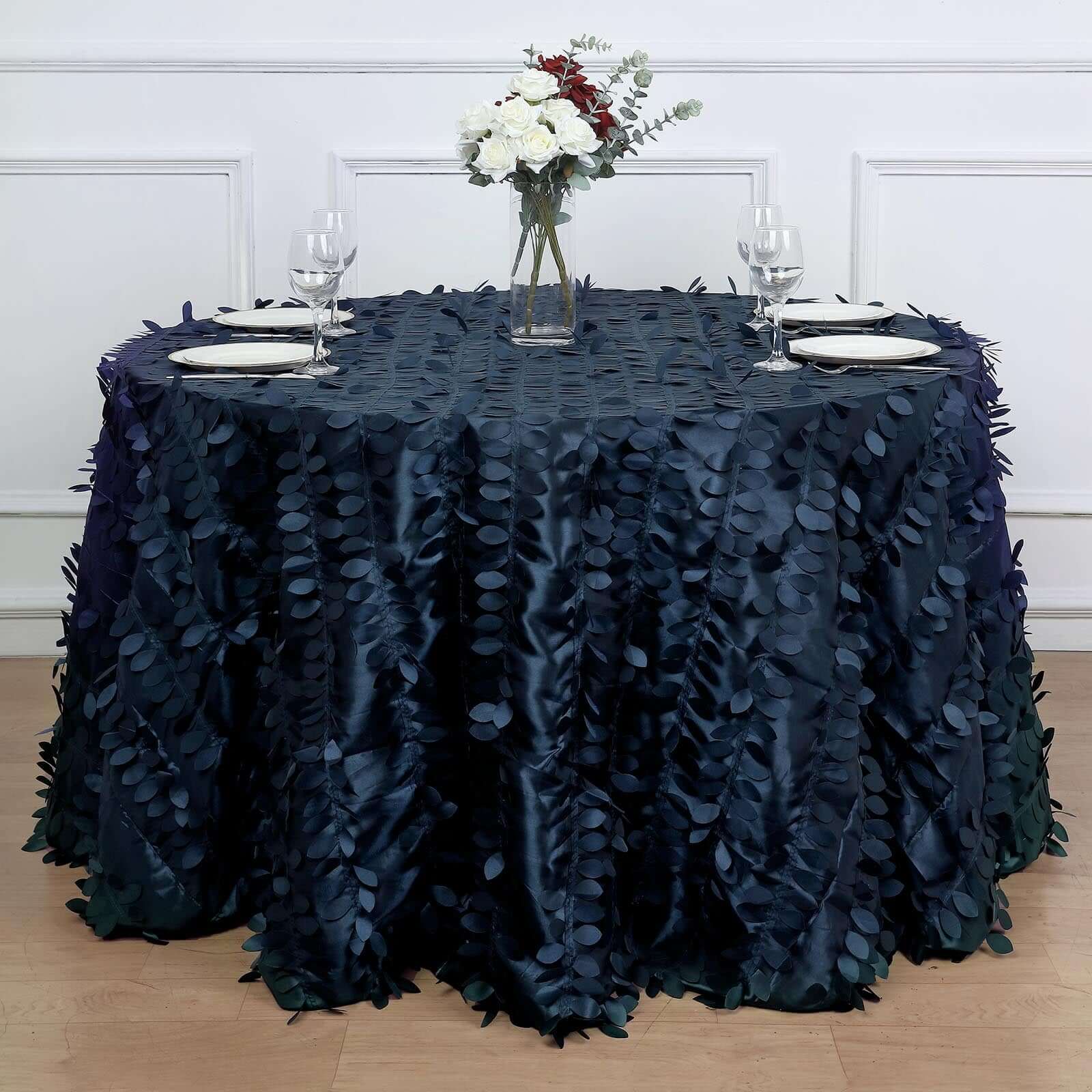 Taffeta 120" Round Tablecloth Navy Blue | 3D Leaf Petal Design Seamless Table Cover