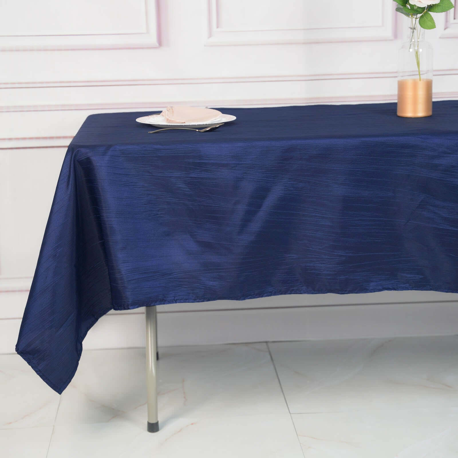 Taffeta 60"x102" Rectangle Tablecloth Navy Blue - Accordion Crinkle Table Cover