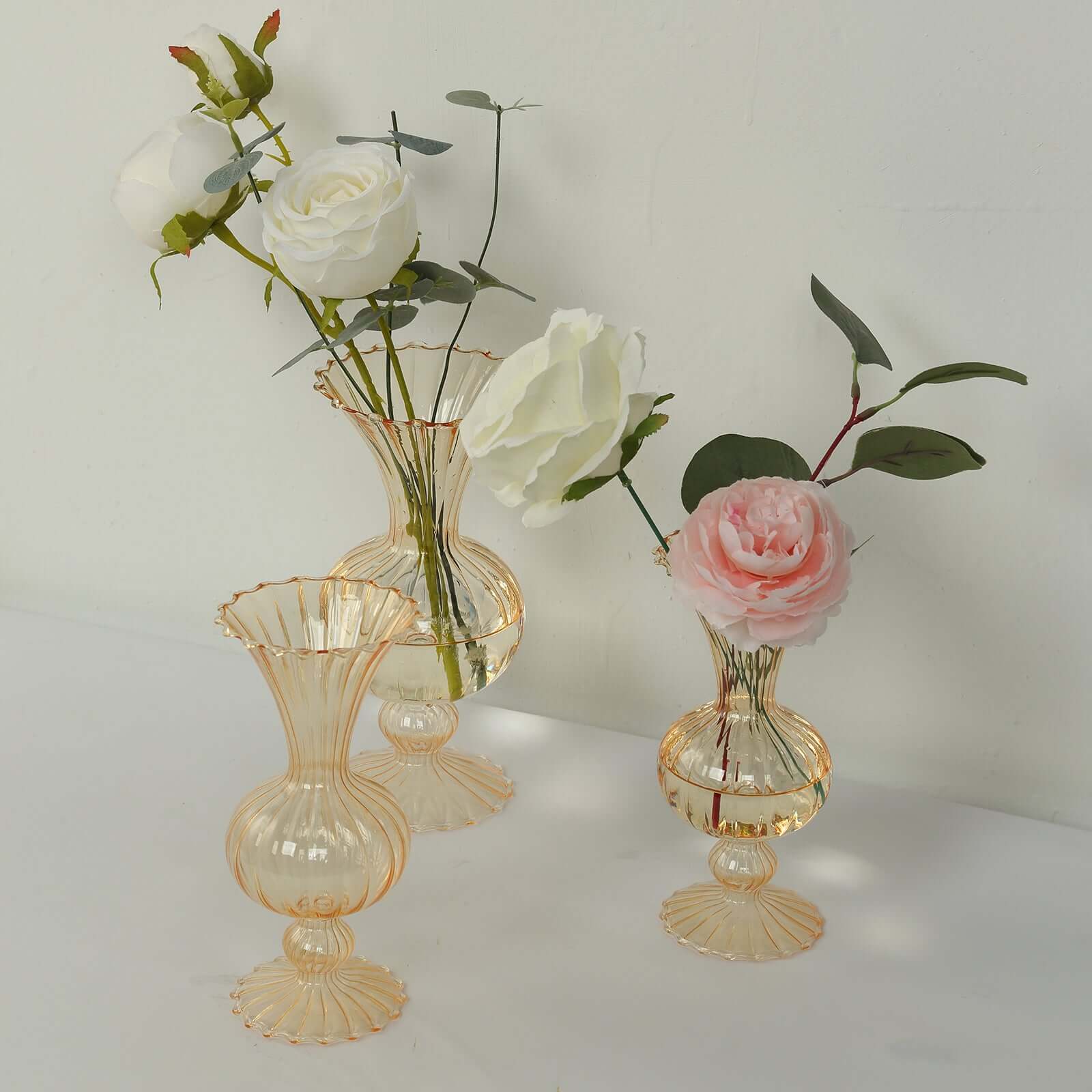 Set of 4 Glass Flower Vases Nordic Style with Petals Texture Amber Gold - Transparent Bud Planters for Wedding Table Decor 7", 9"