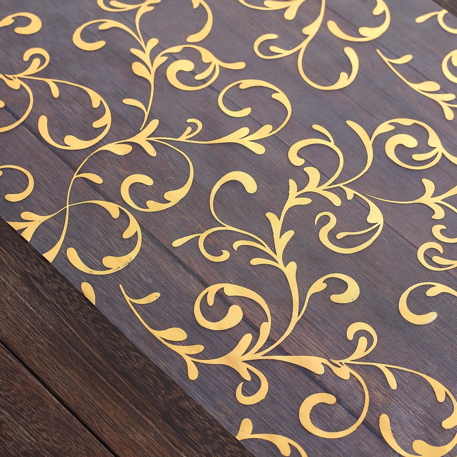 Sheer Organza 12"x108" Table Runner Roll Metallic Gold Foil Embossed Floral Design - Stylish Event Decoration