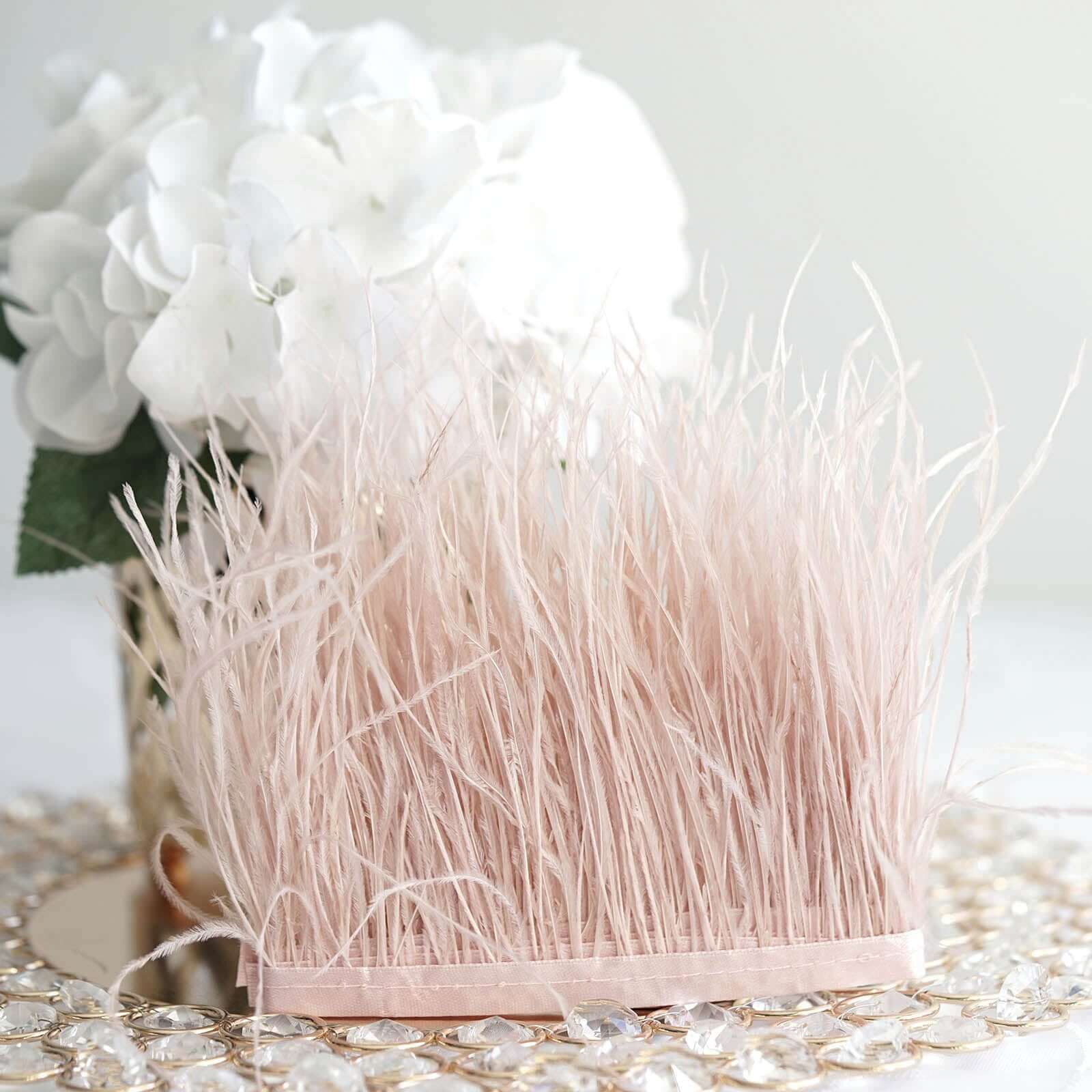 39" Dusty Rose Real Ostrich Feather Fringe Trim With Satin Ribbon Tape