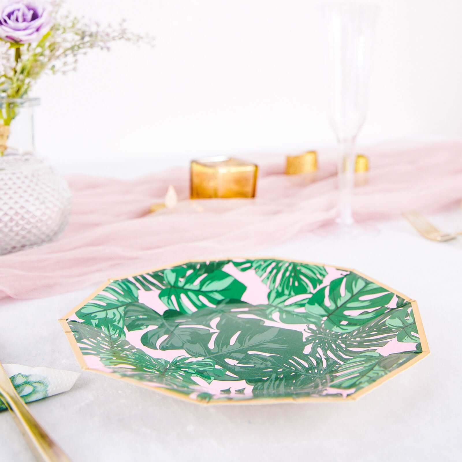 25-Pack Paper 7" Decagon Dessert Plates in Pink with Green Tropical Palm Leaves & Gold Rim - Disposable Geometric Appetizer Salad Plates for Boho Chic & Jungle Themed Events