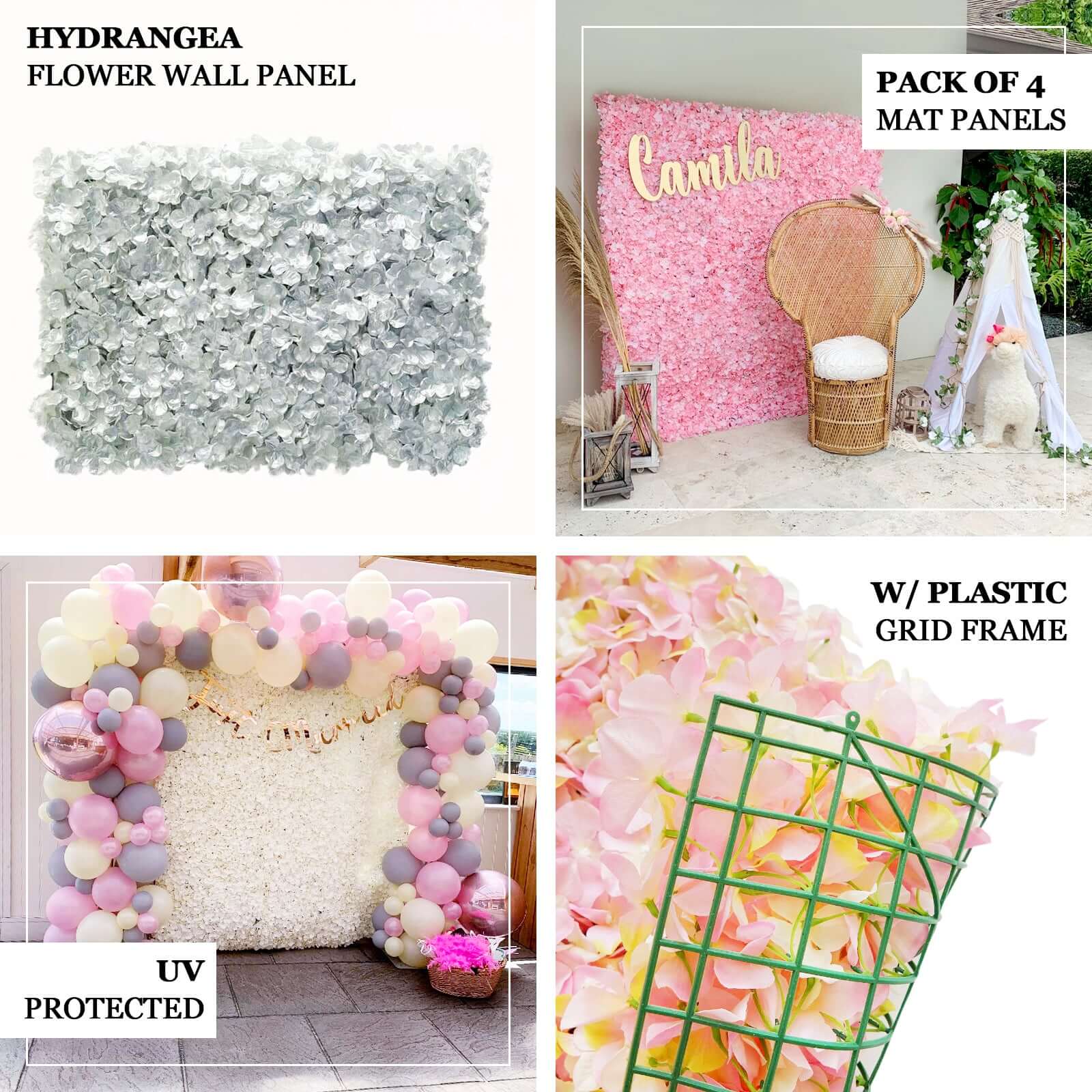 11 Sq ft. White UV Protected Hydrangea Flower Wall Mat Backdrop - 4 Artificial Panels