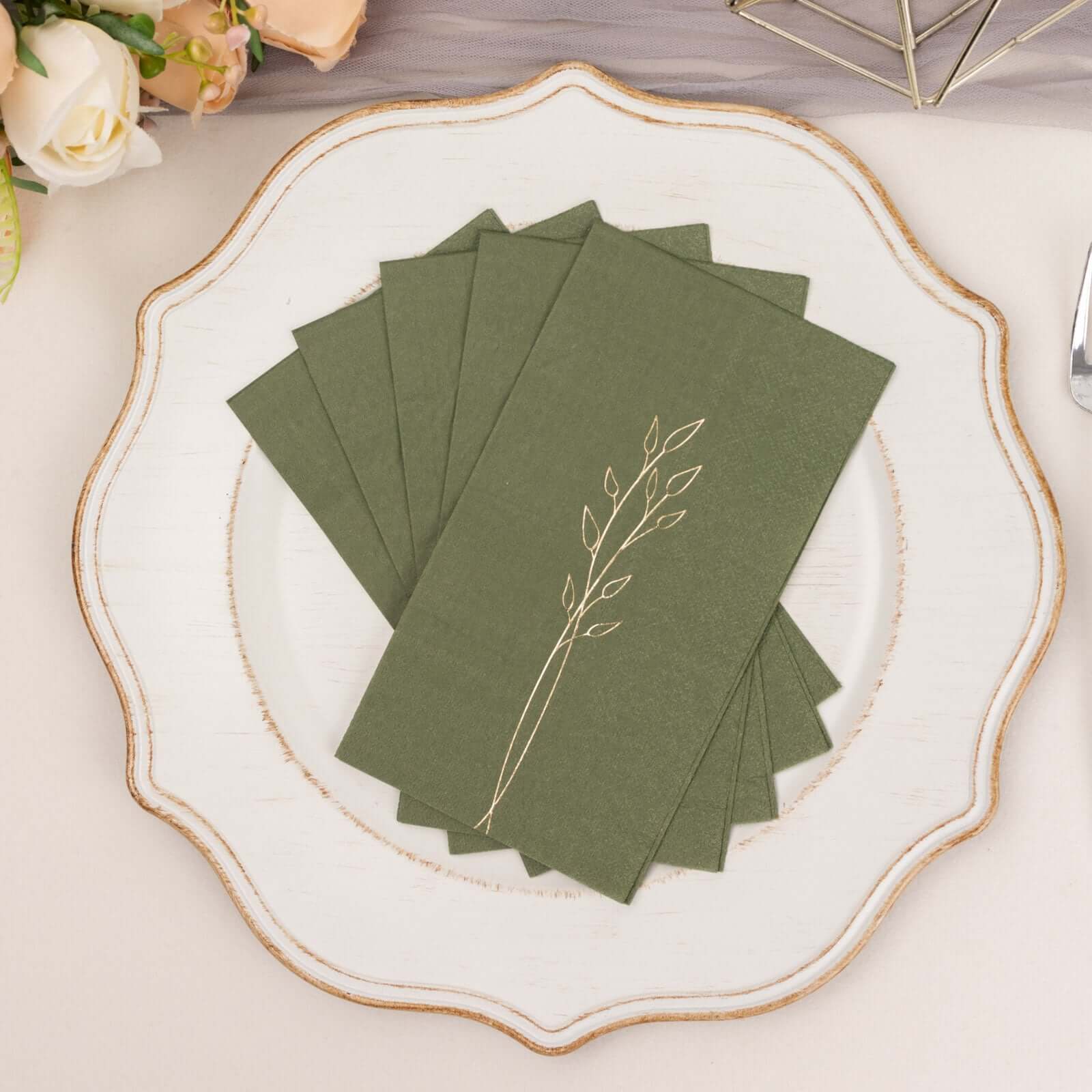 50-Pack Paper Dinner Napkins Olive Green with Gold Embossed Leaf - Stylish 2-Ply Disposable Napkins for Weddings 18GSM