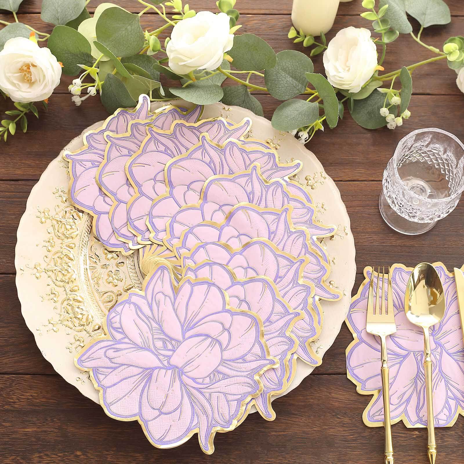 20-Pack Paper Cocktail Napkins with Purple Peony Flower Shape and Gold Edges - Stylish Disposable Party Napkins