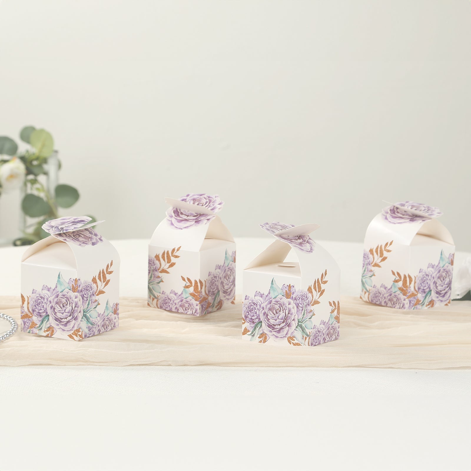 25 Pack Lavender Peony Floral Top Candy Gift Boxes, Lilac Cardstock Paper Party Favor Boxes - 3"x3"x5"