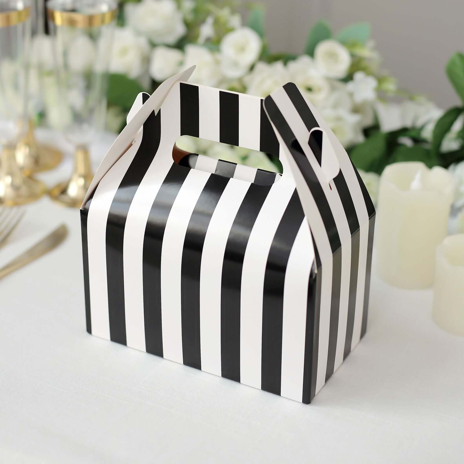 25 Pack White Black Striped Candy Gift Tote Gable Boxes, Party Favor Treat Bags - 6"x3.5"x7"
